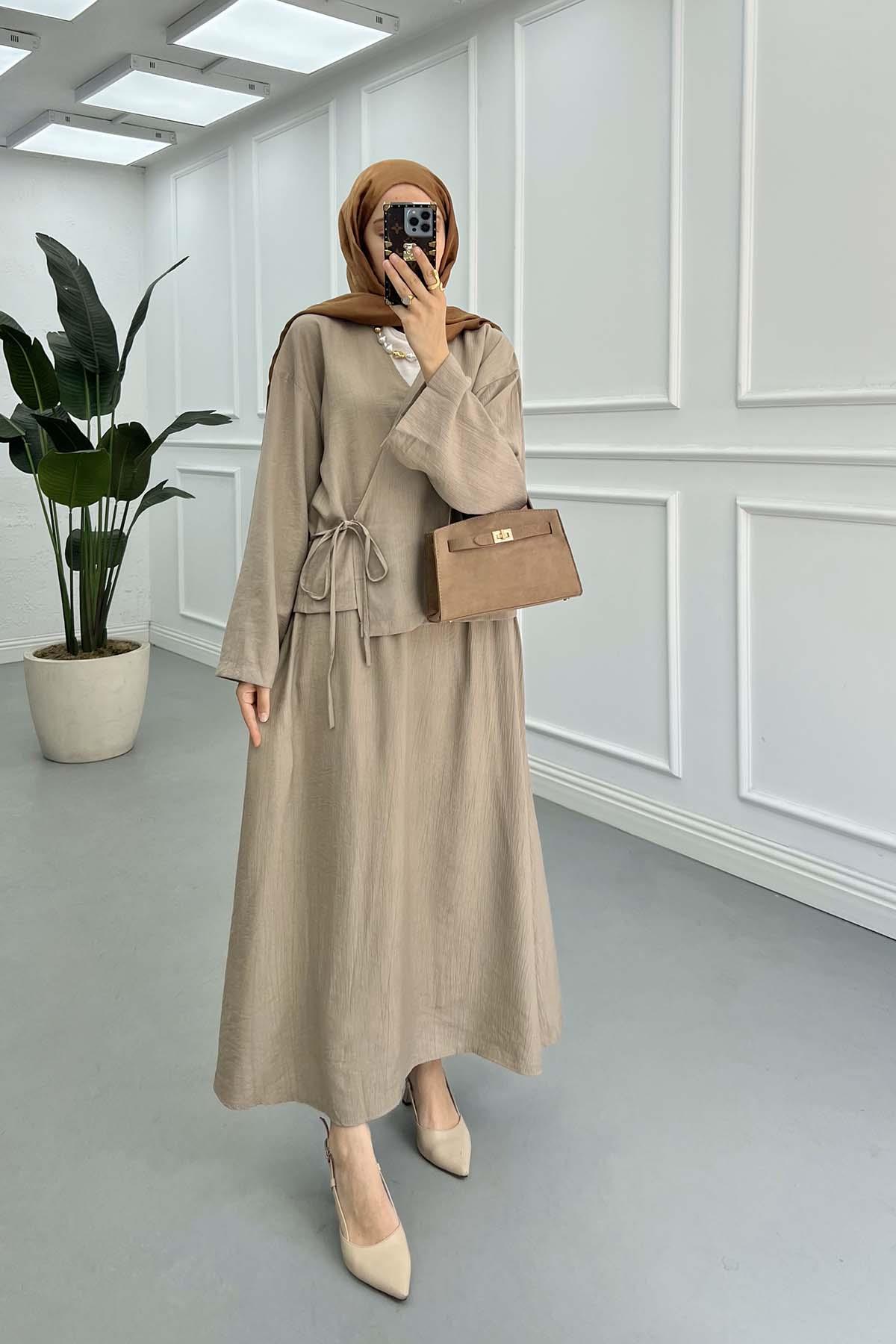 Bağlama Detaylı Kimono Etekli Takım Vizon