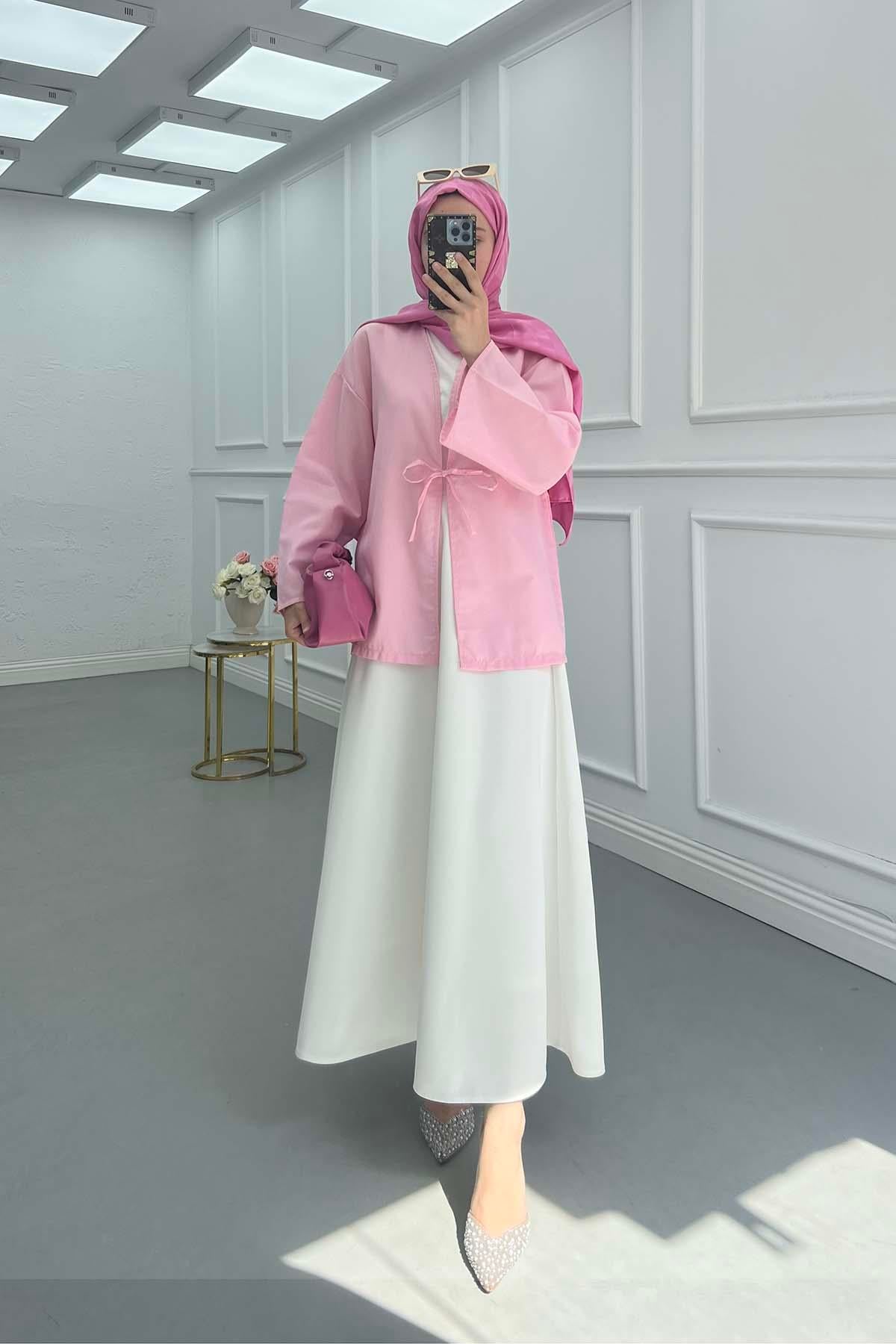 Bağlama Detaylı Kimono Pembe