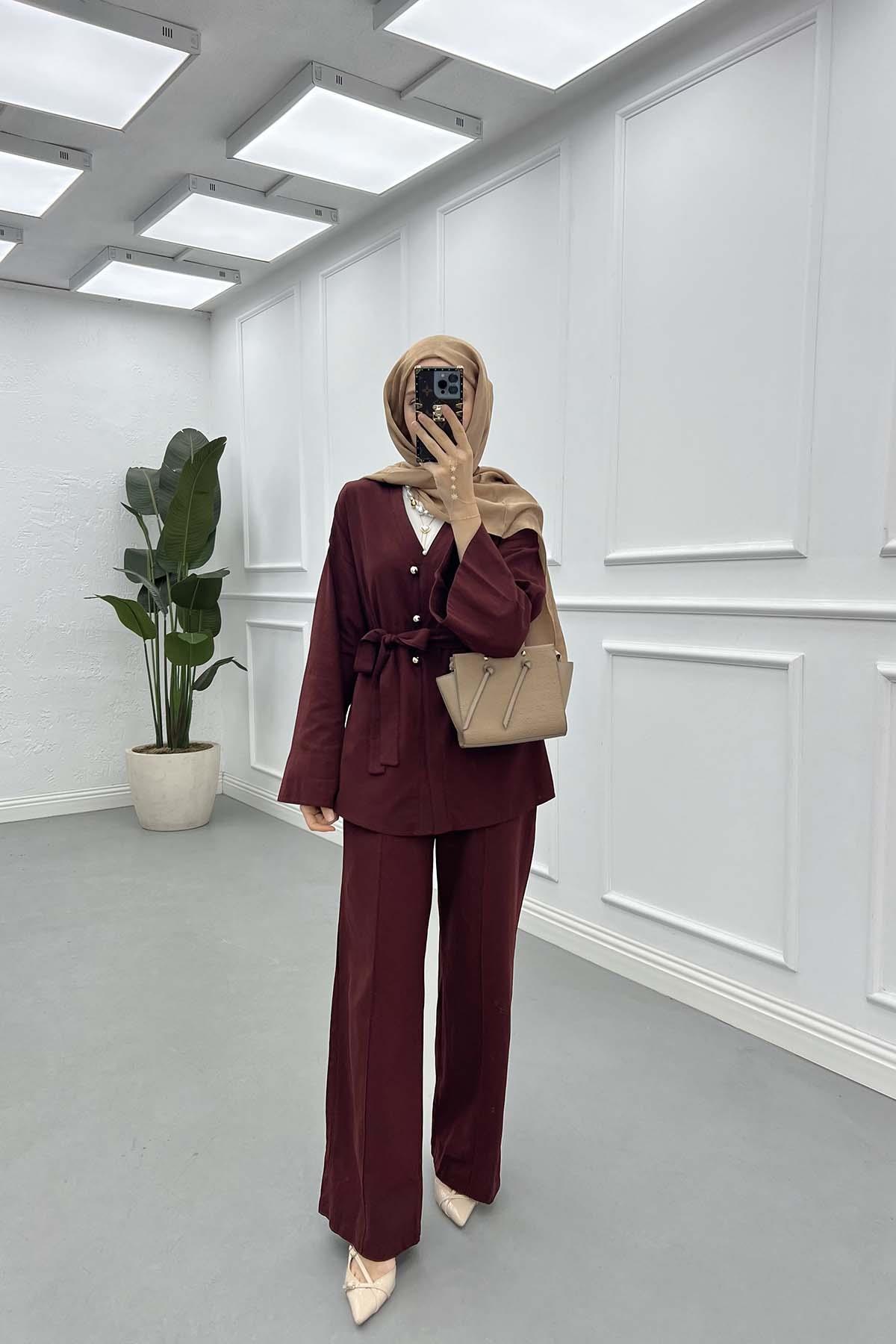 Bağlama Detaylı Kuşaklı Takım Bordo