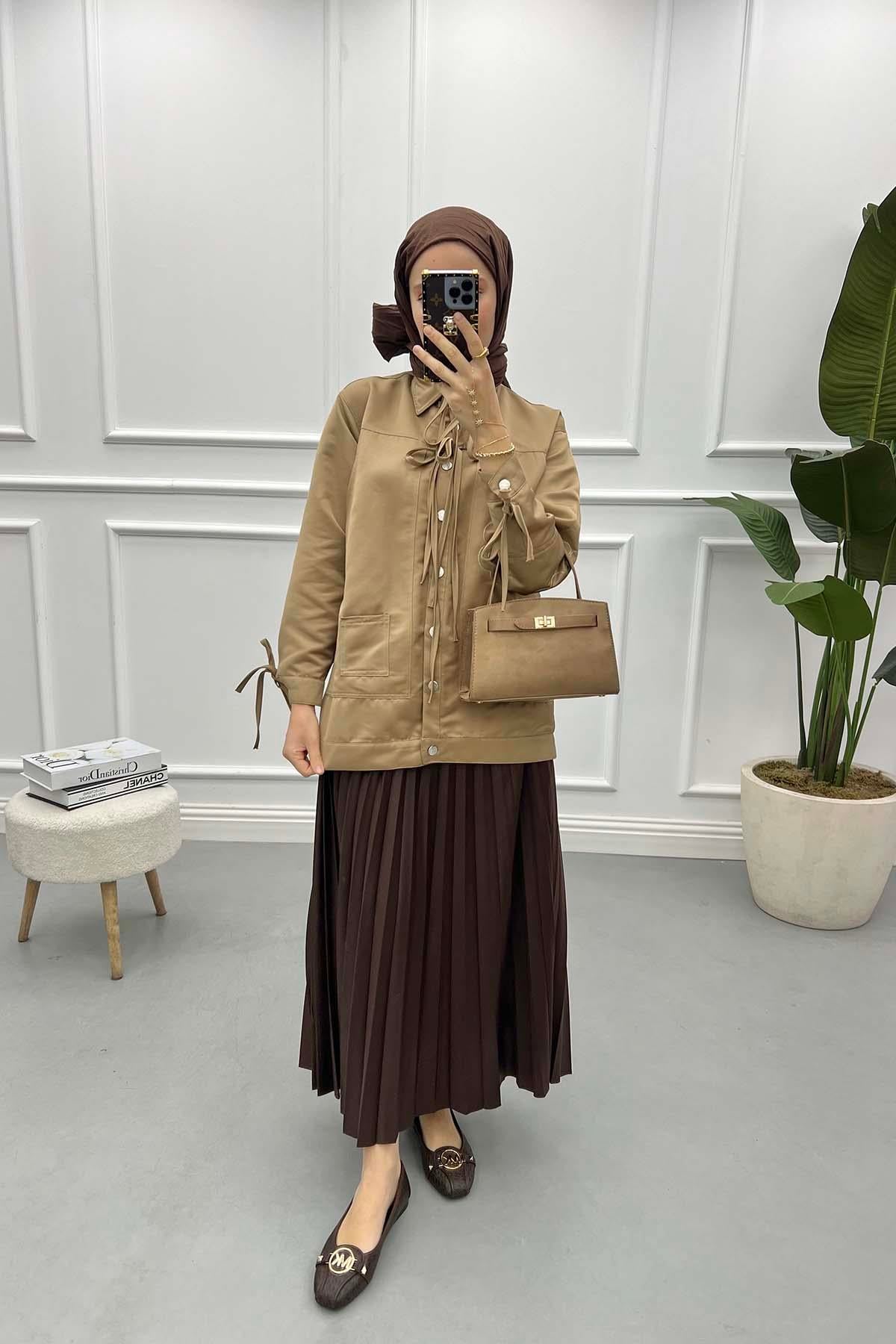 Bağlamalı Çiçek İşlemeli Ceket Bej