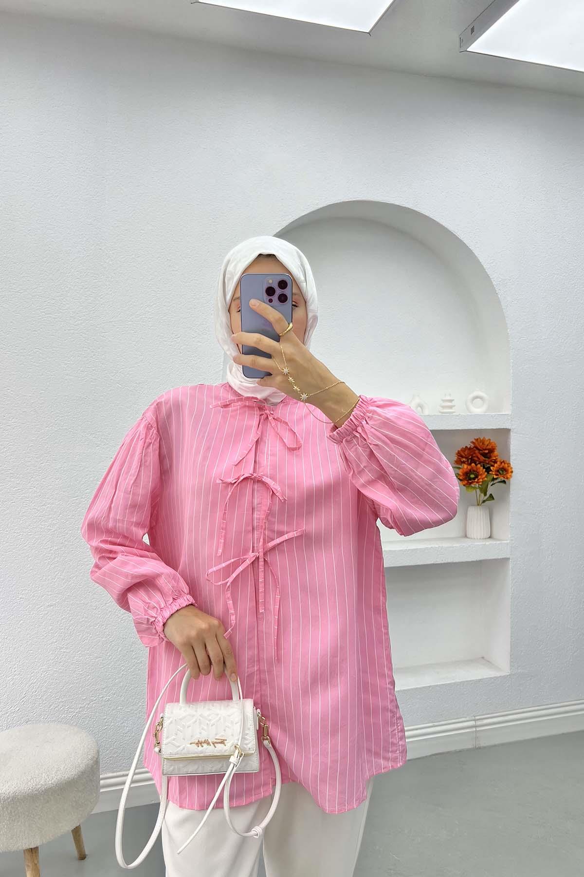 Bağlamalı Çizgili Gömlek Pembe
