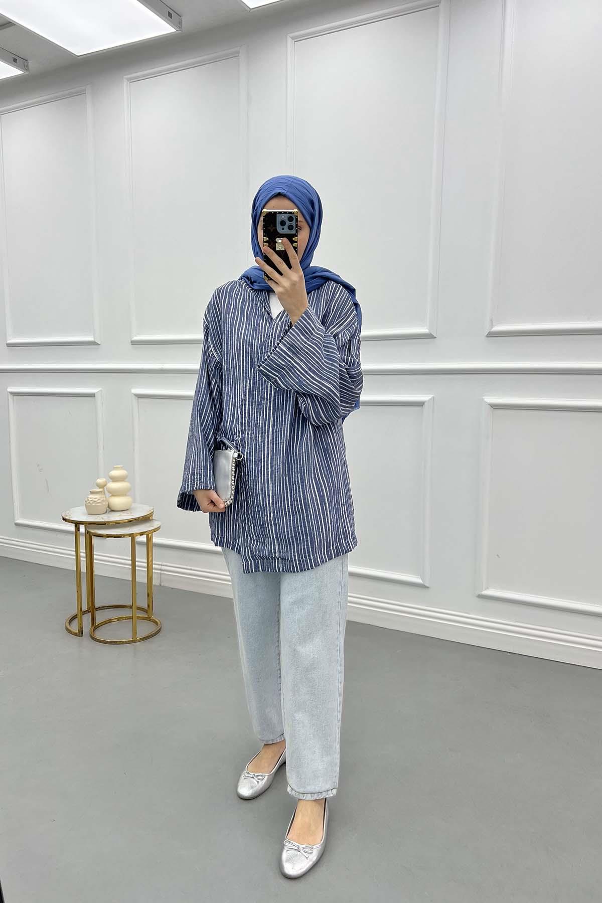 Bağlamalı Çizgili Kimono Lacivert