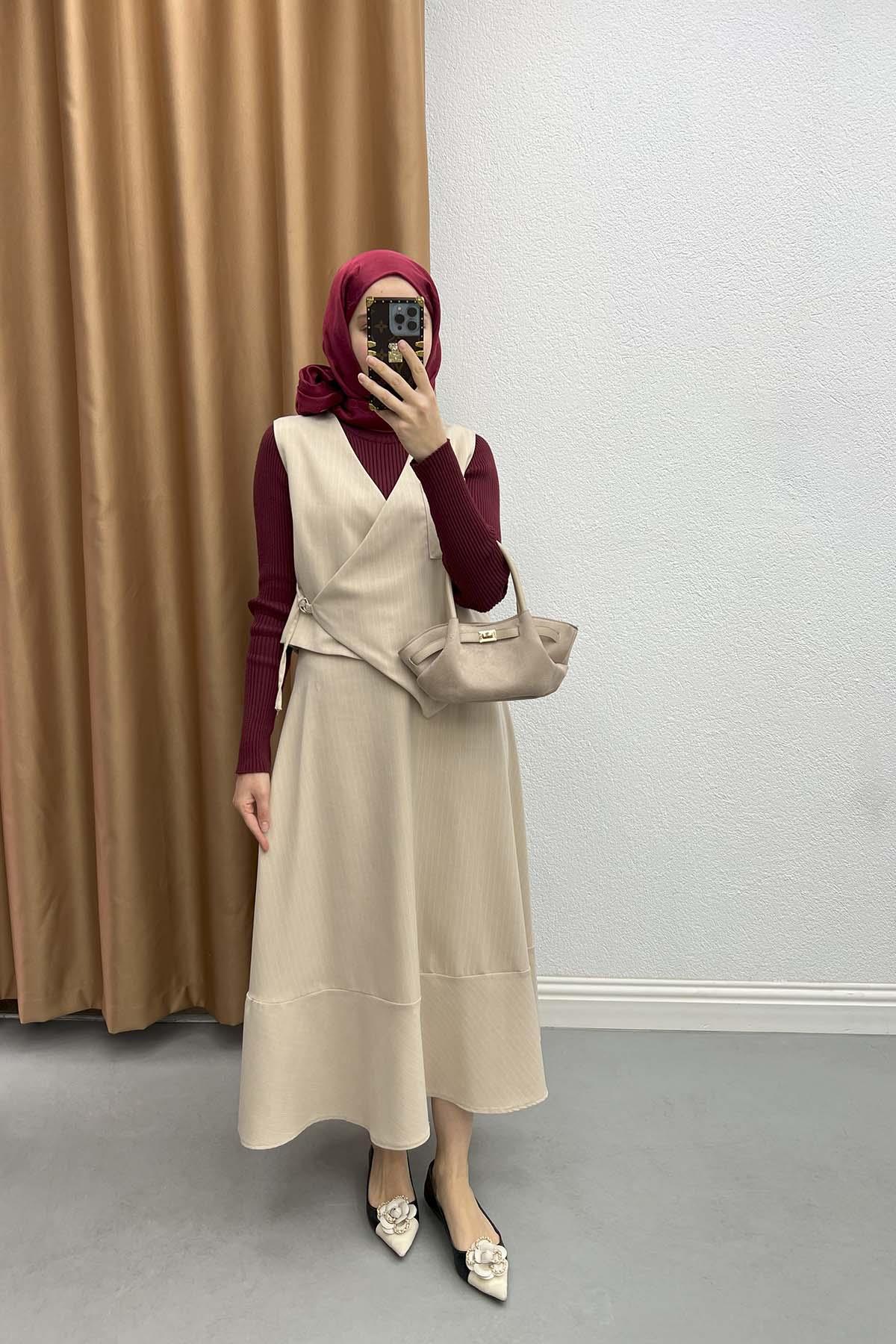 Bağlamalı Çizgili Yelek Takım Bej