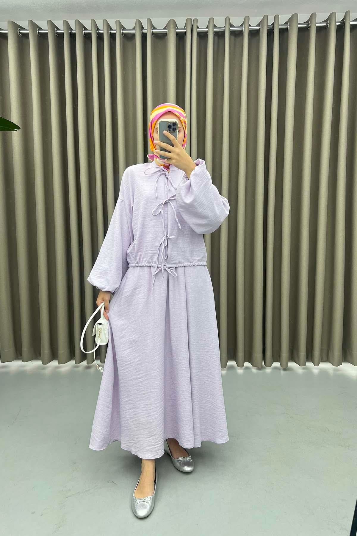 Bağlamalı Crop Etek Takım Lila