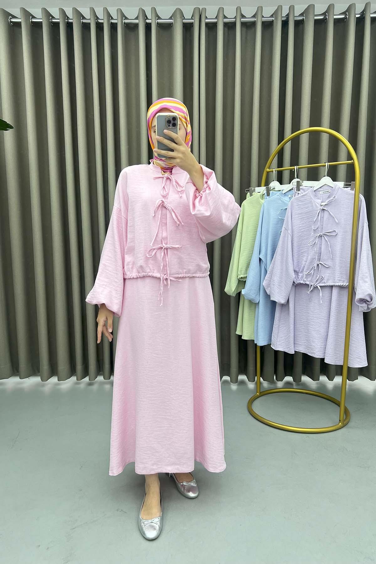 Bağlamalı Crop Etek Takım Pembe