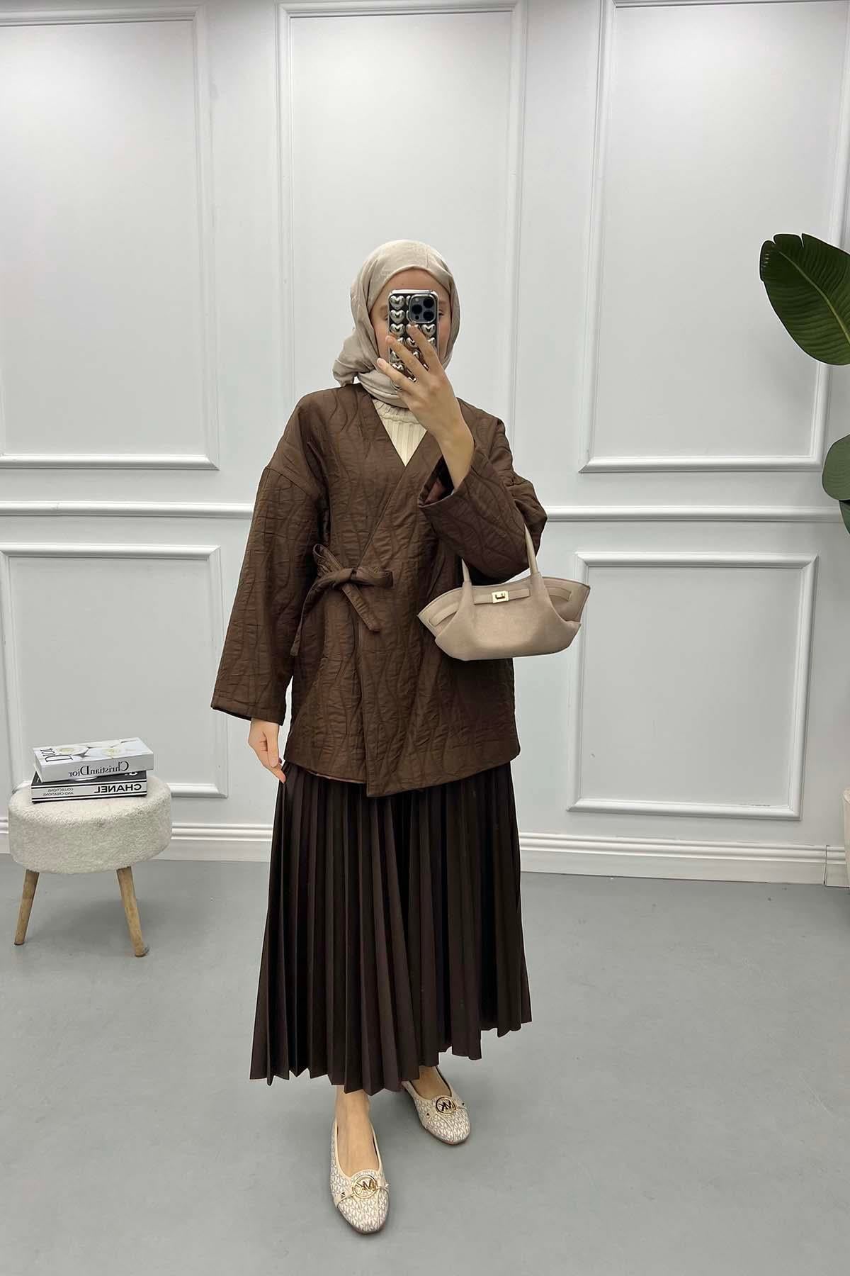 Bağlamalı Desenli Kimono Acı Kahve