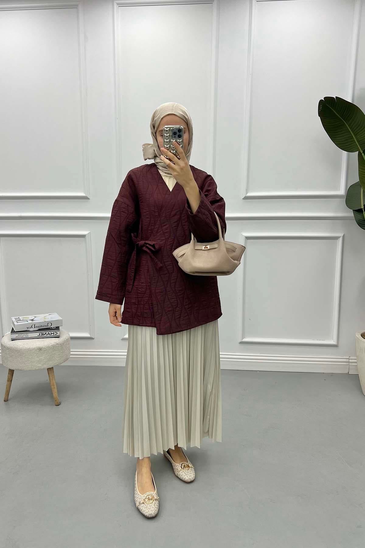 Bağlamalı Desenli Kimono Bordo