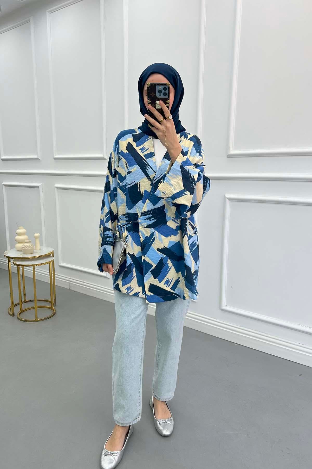 Bağlamalı Desenli Kimono Lacivert
