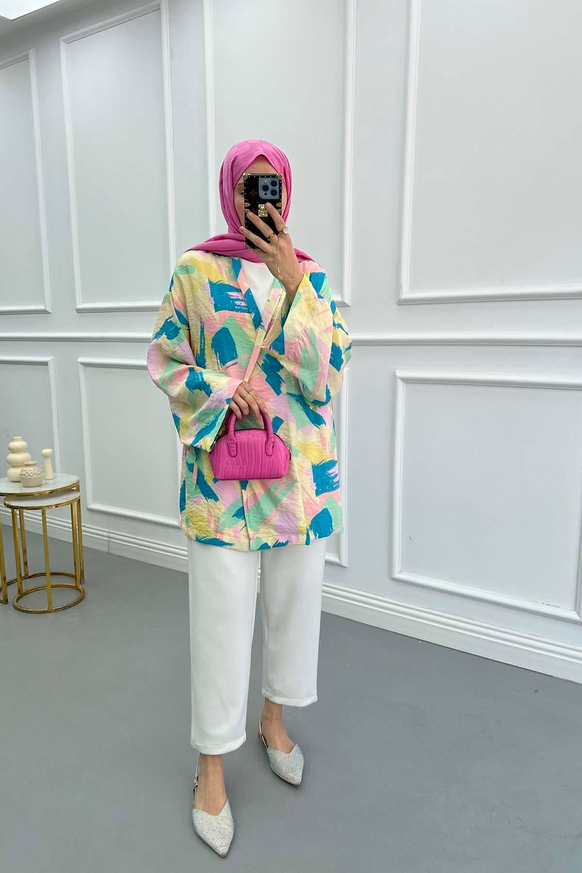 Bağlamalı Desenli Kimono Pembe