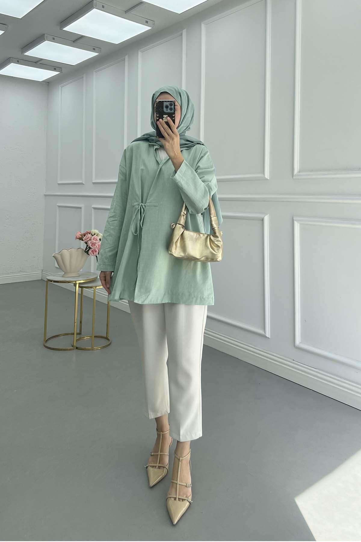 Bağlamalı Keten Kimono Ceket Mint Yeşili