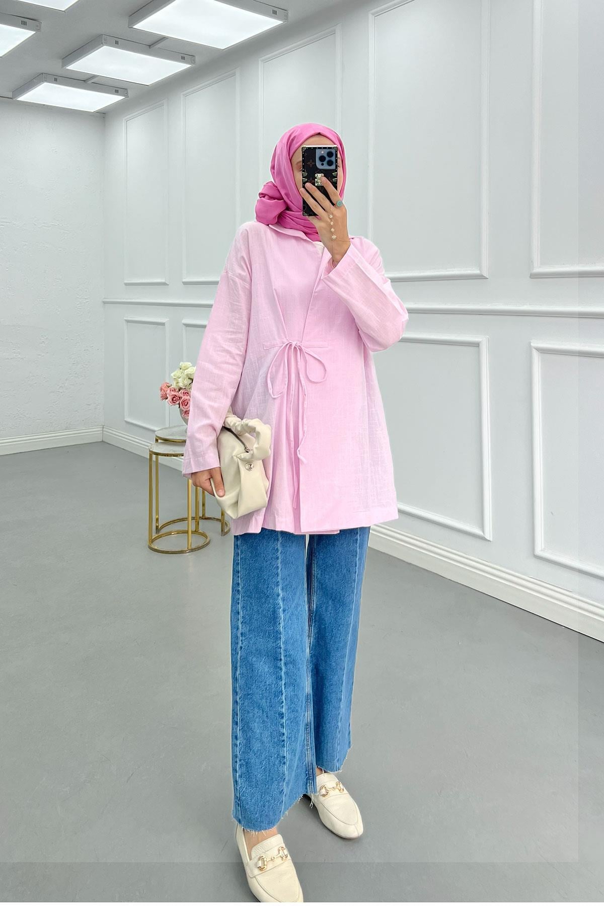 Bağlamalı Keten Kimono Ceket Pembe