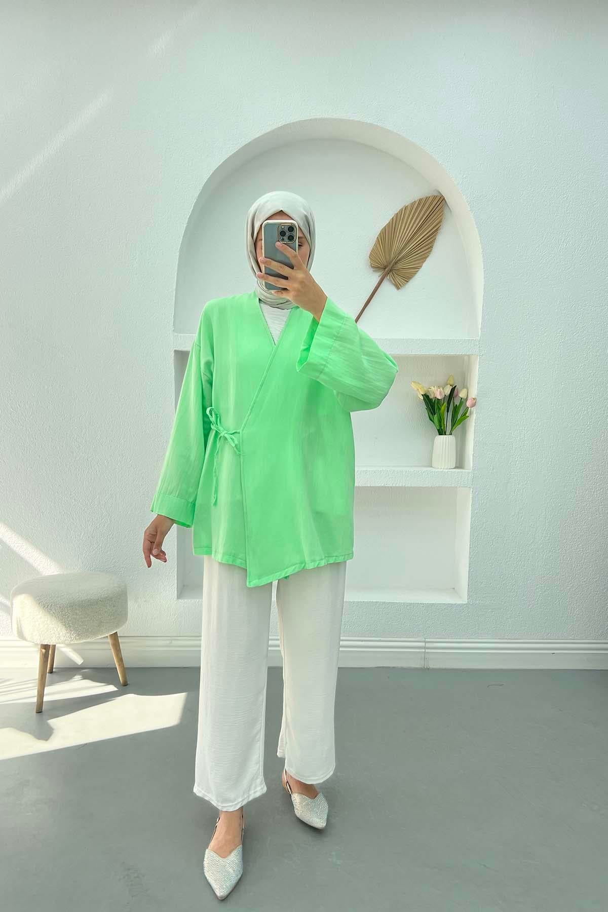 Bağlamalı Keten Kimono Su Yeşili