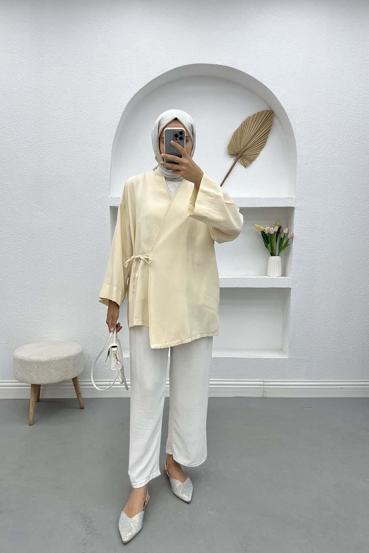 Bağlamalı Keten Kimono Taş