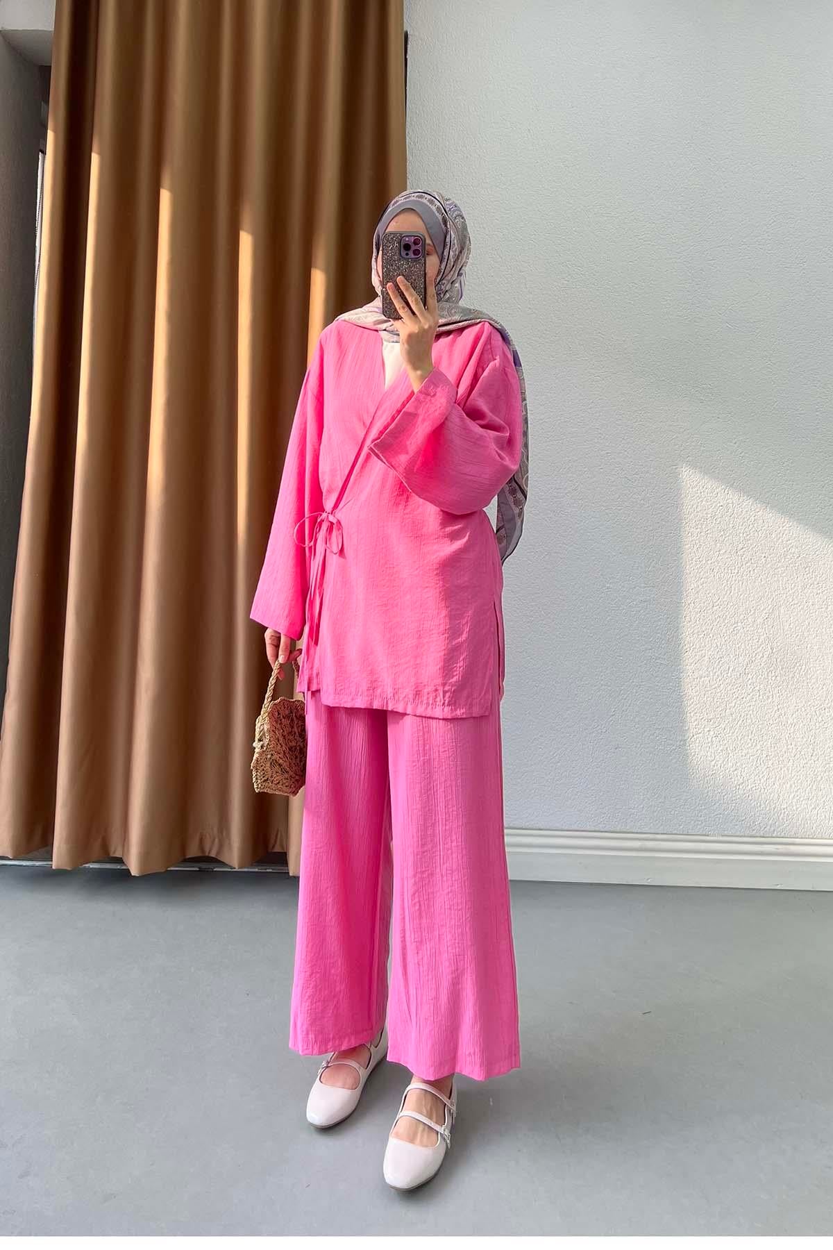 Bağlamalı Kimono Çilek Takım Pembe