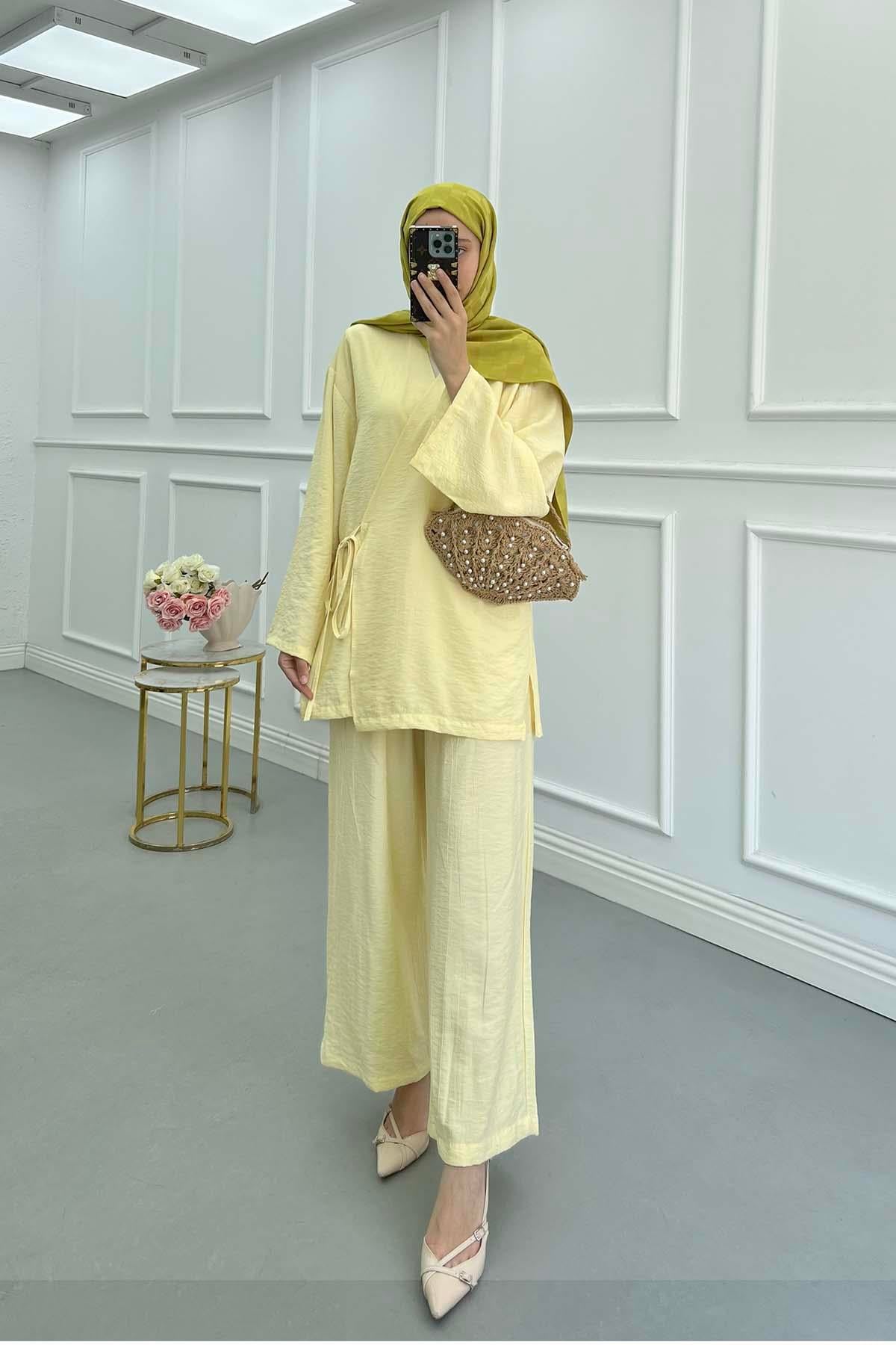 Bağlamalı Kimono Çilek Takım Sarı