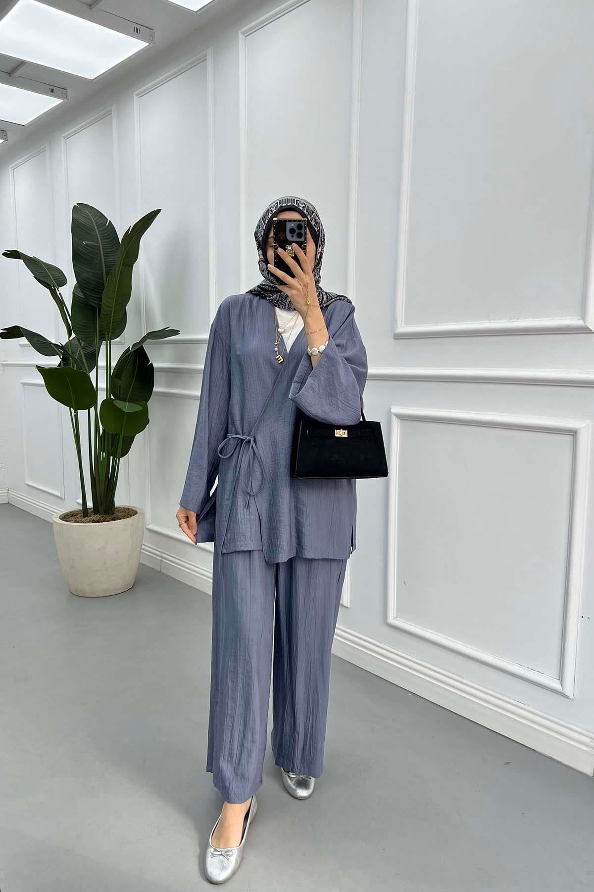 Bağlamalı Kimono Çilek Takım Sisli Mavi