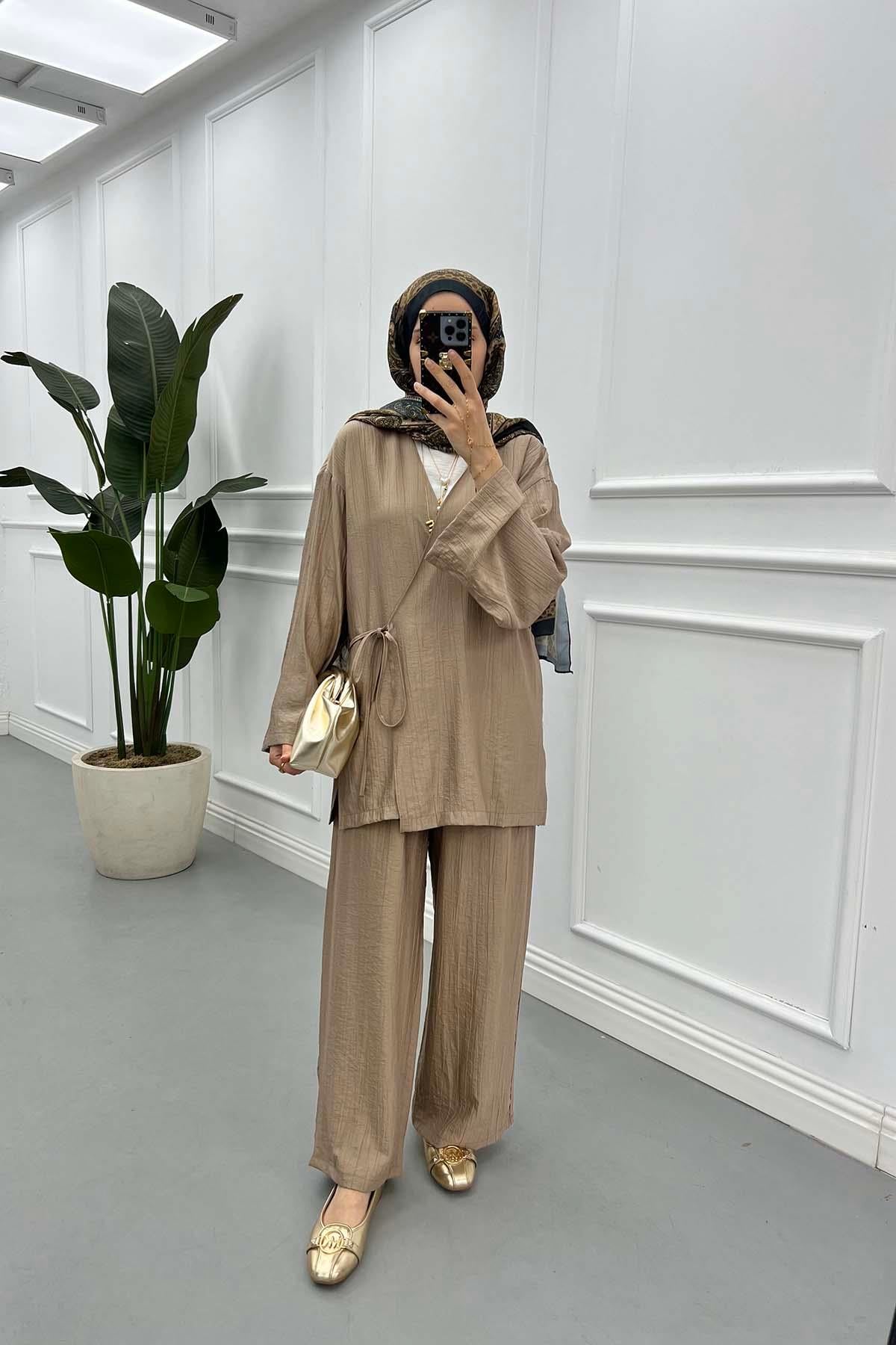 Bağlamalı Kimono Çilek Takım Vizon