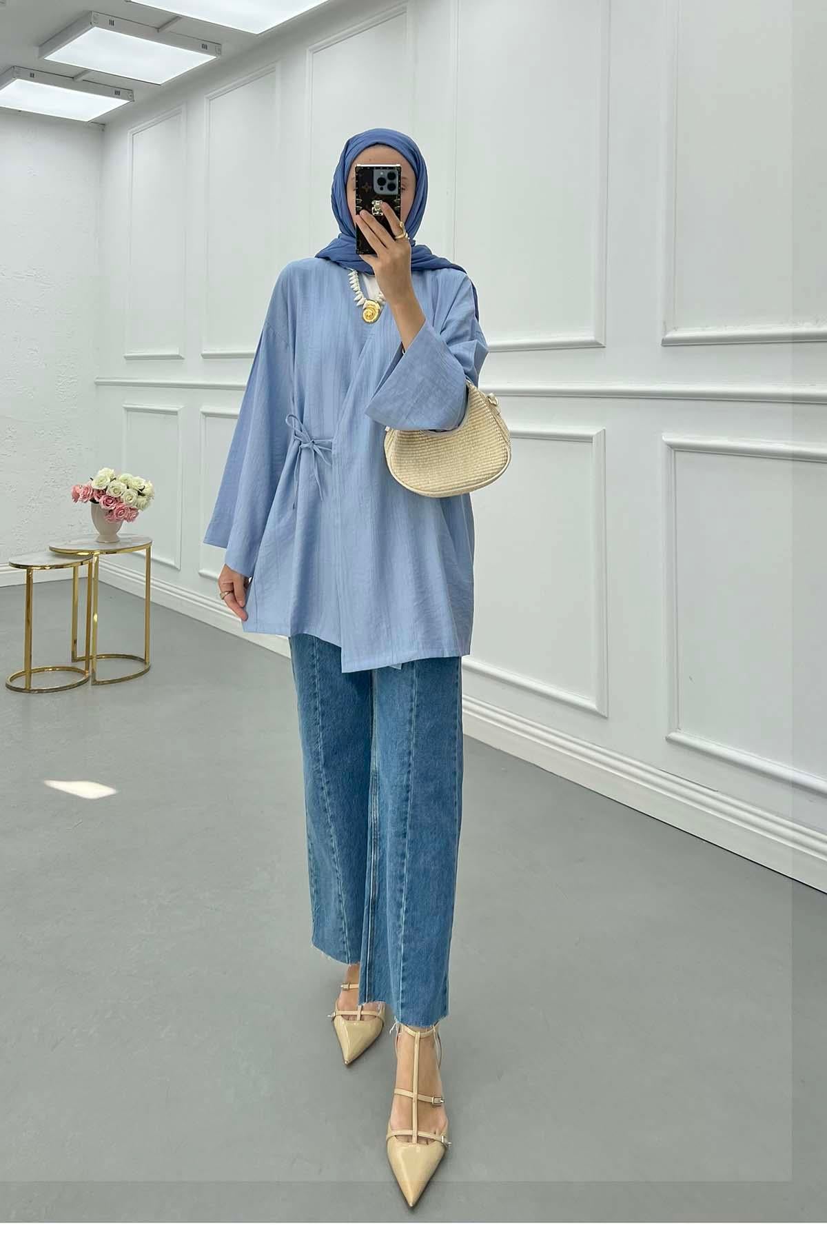 Bağlamalı Kimono Mavi