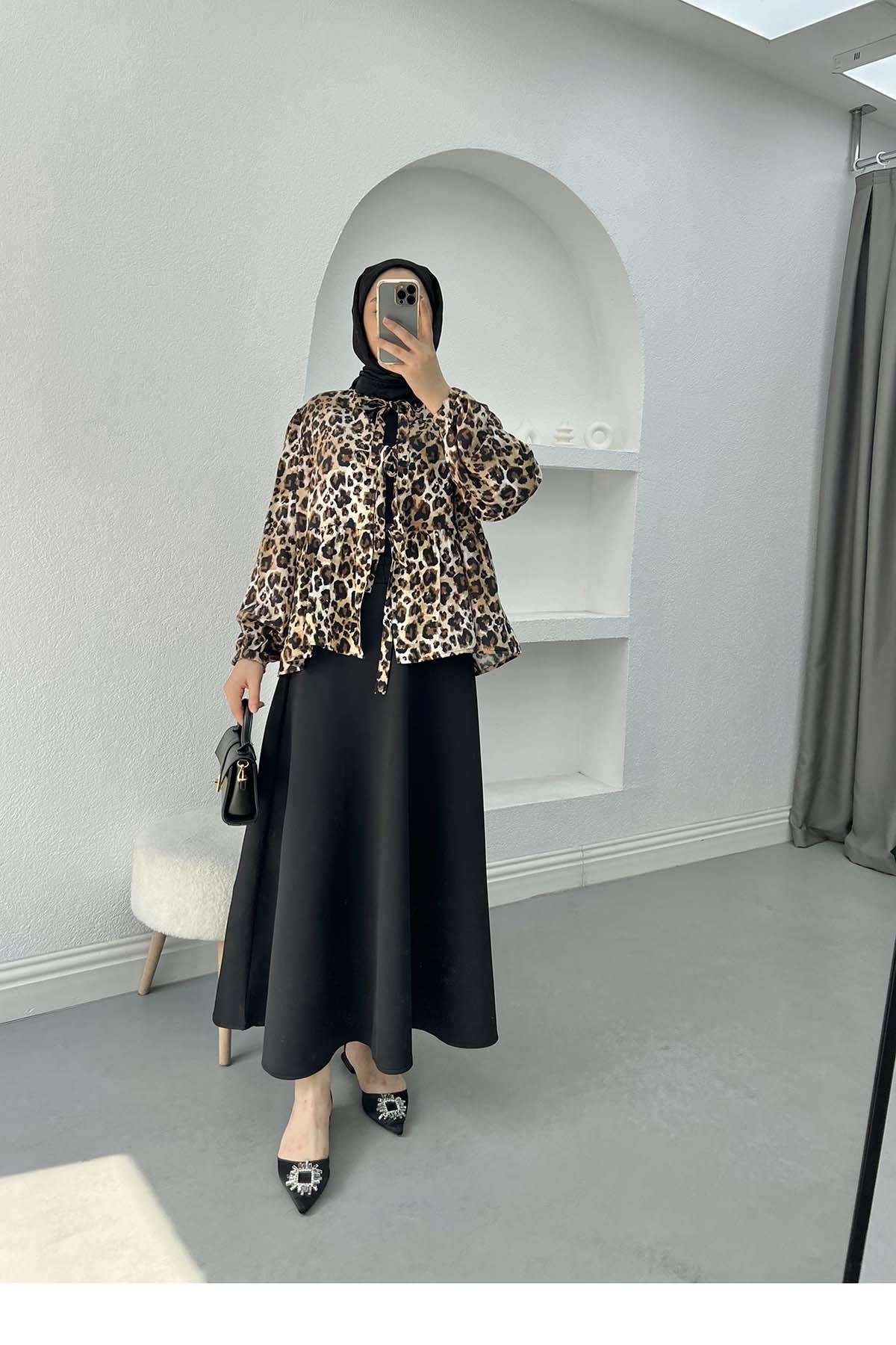 Bağlamalı Leopar Bluz Siyah