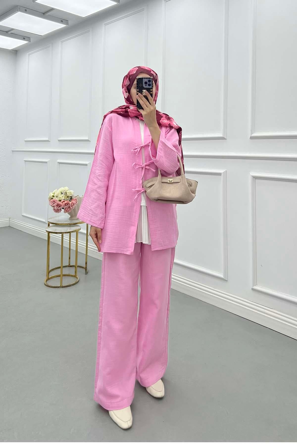 Bağlamalı Müslin Takım Pembe