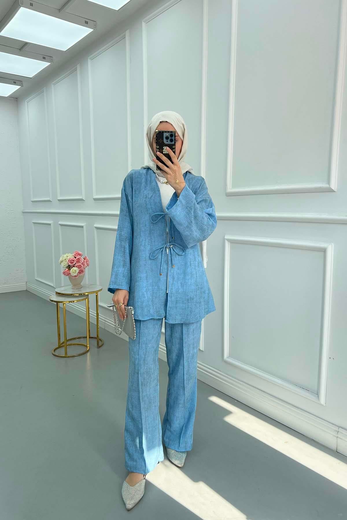 Bağlamalı Viral Kimono Takım Mavi