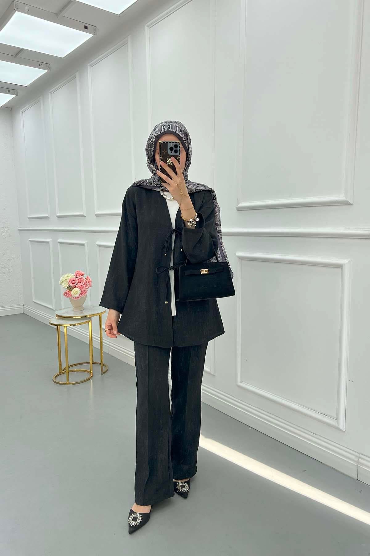 Bağlamalı Viral Kimono Takım Siyah