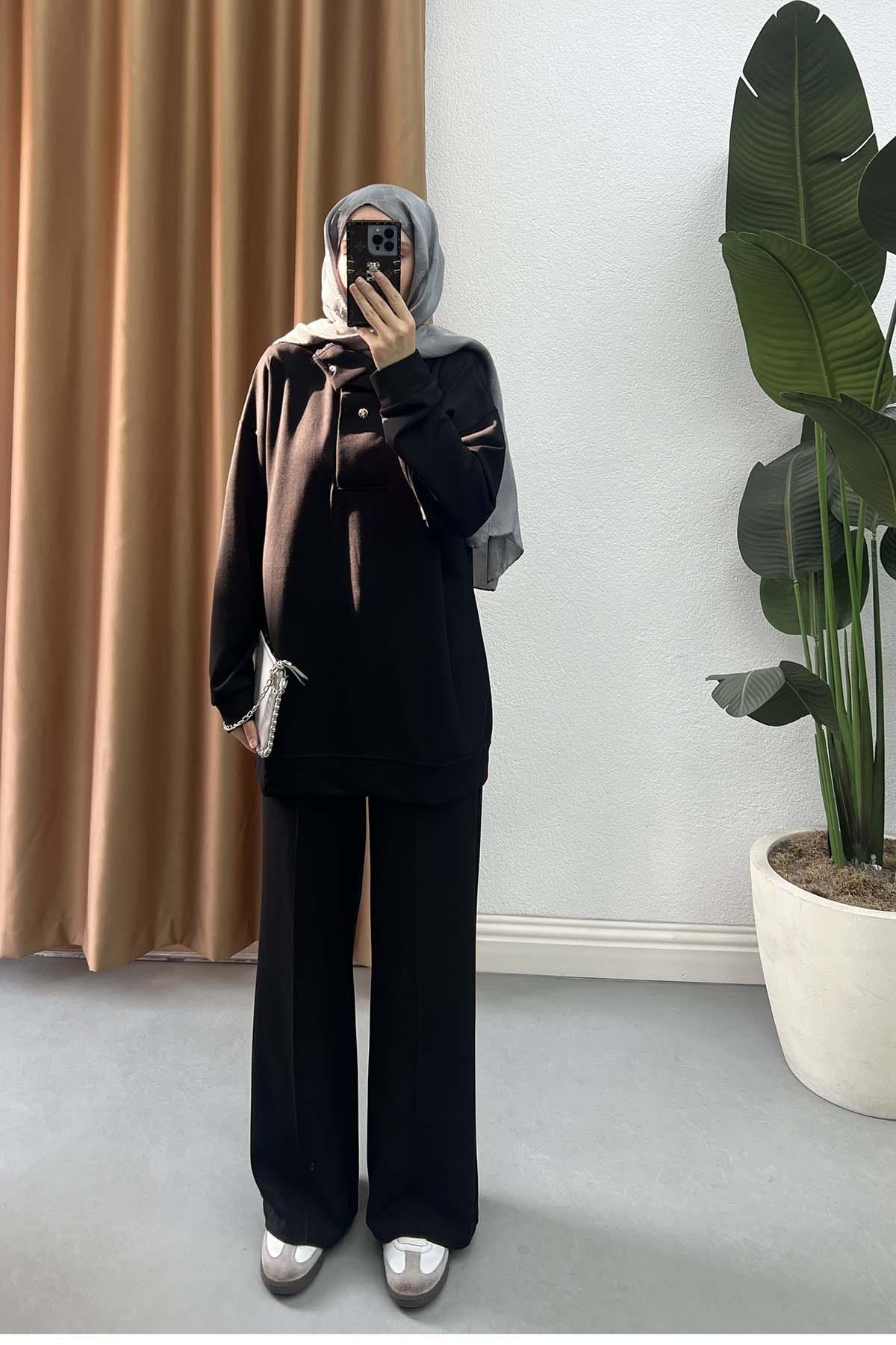 Balıkçı Yaka Çıtçıtlı Sweatshirt Takım Siyah