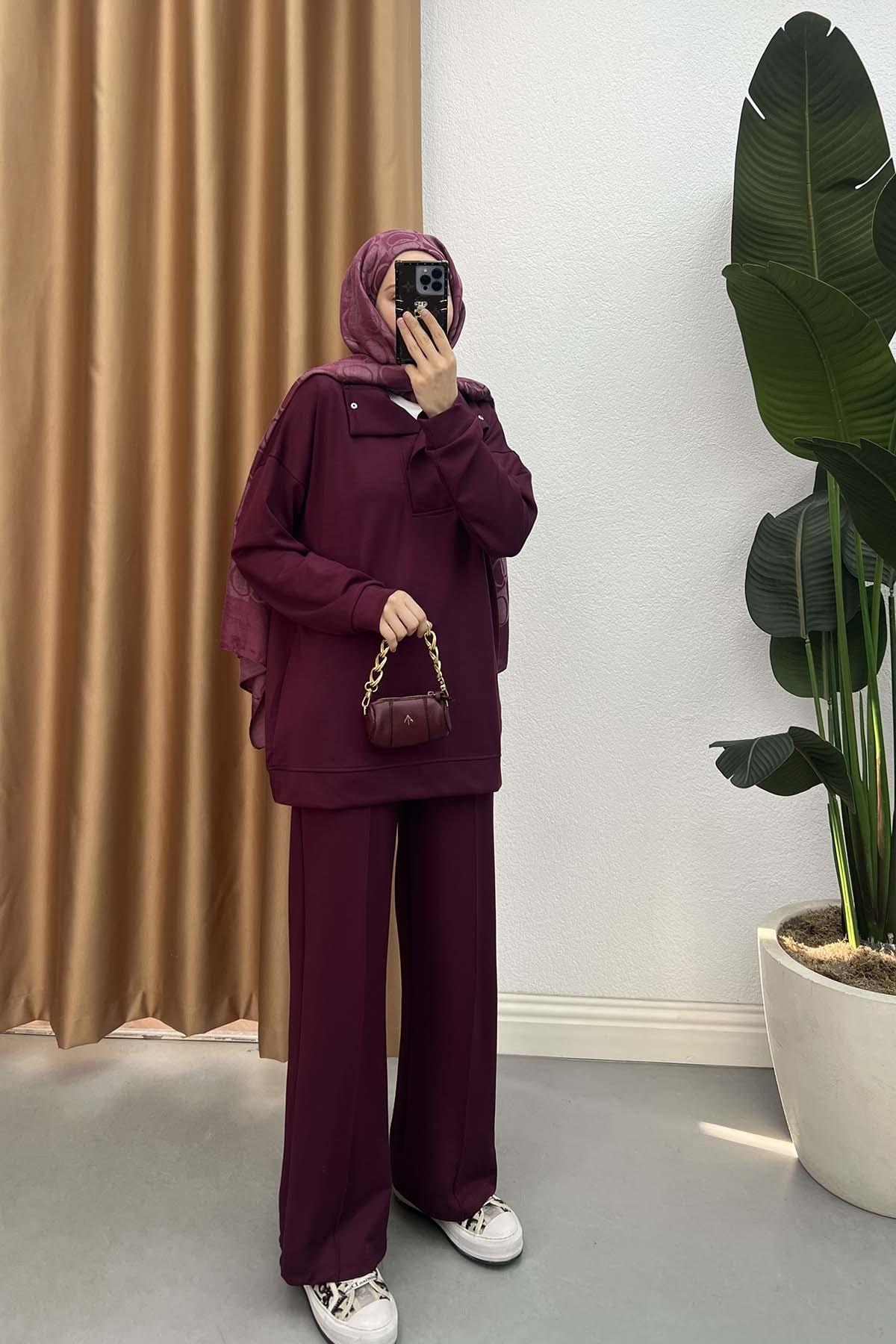 Balıkçı Yaka Çıtçıtlı Sweatshirt Takım Bordo