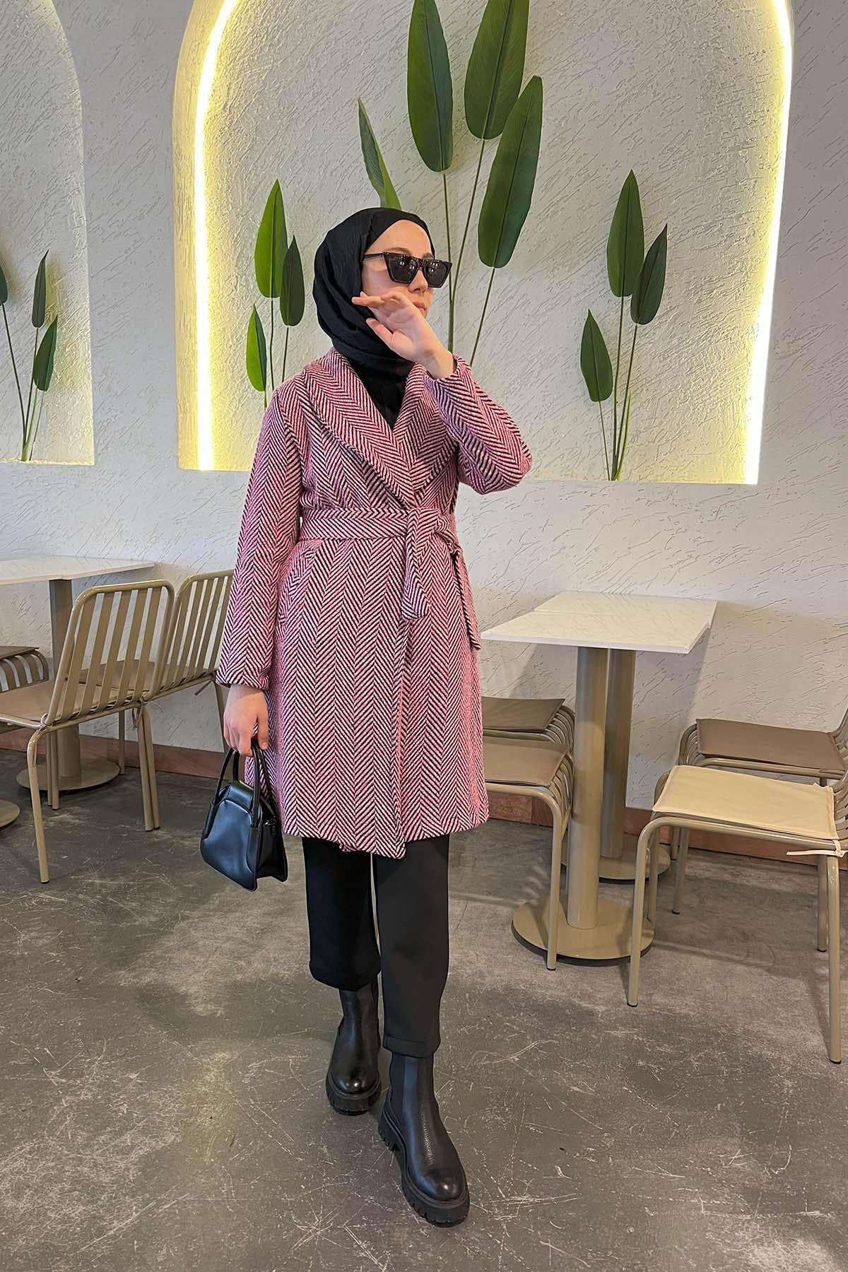 Balıksırtı Desenli Kuşaklı Kap Pembe