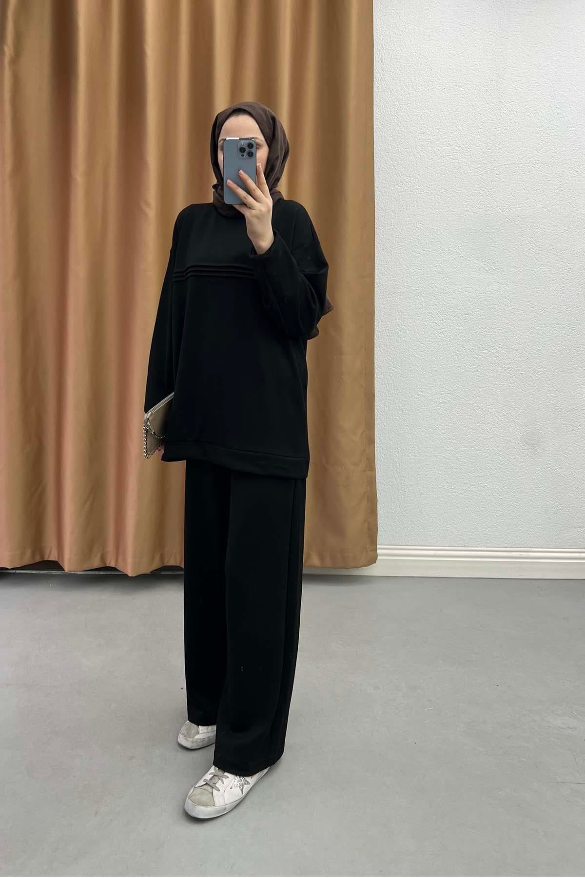 Basic Çizgili Rahat Kesim Takım Siyah