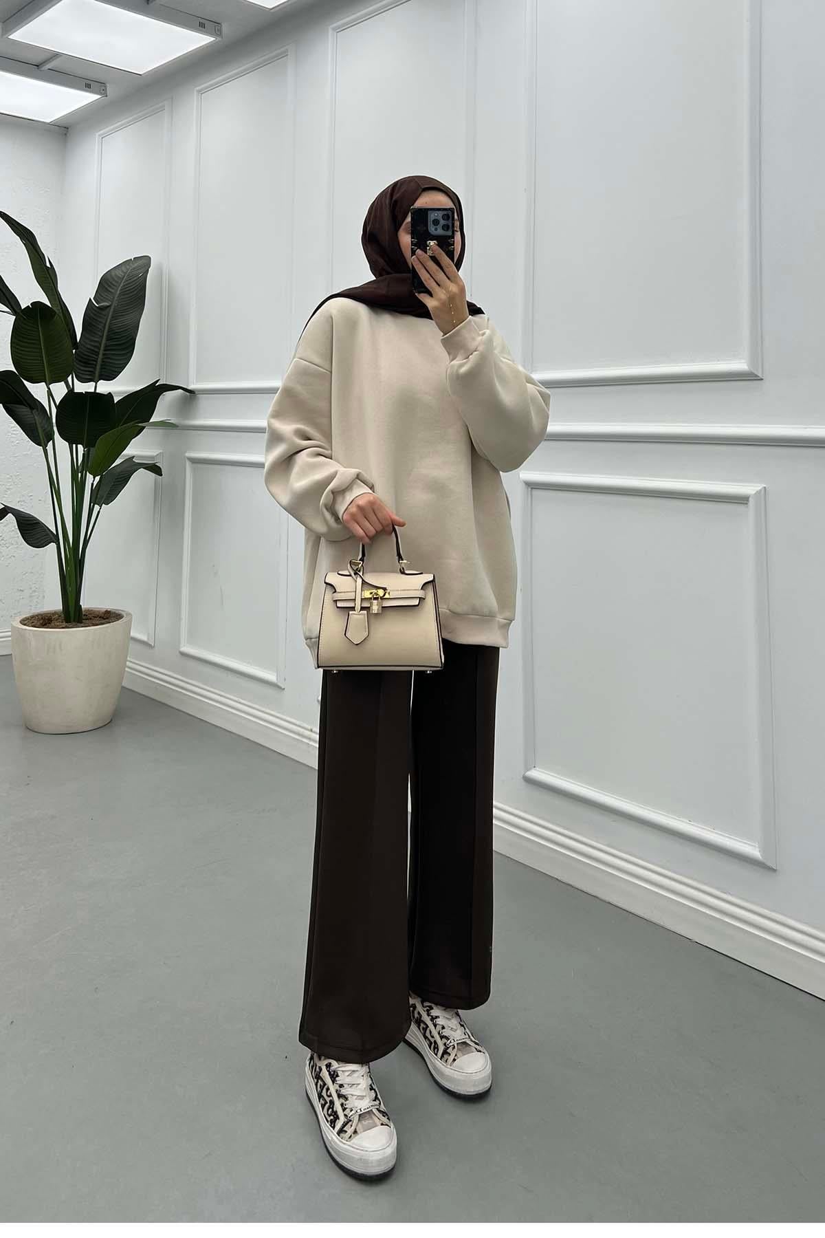 Basic Üç İplik Şardonlu Sweat Bej