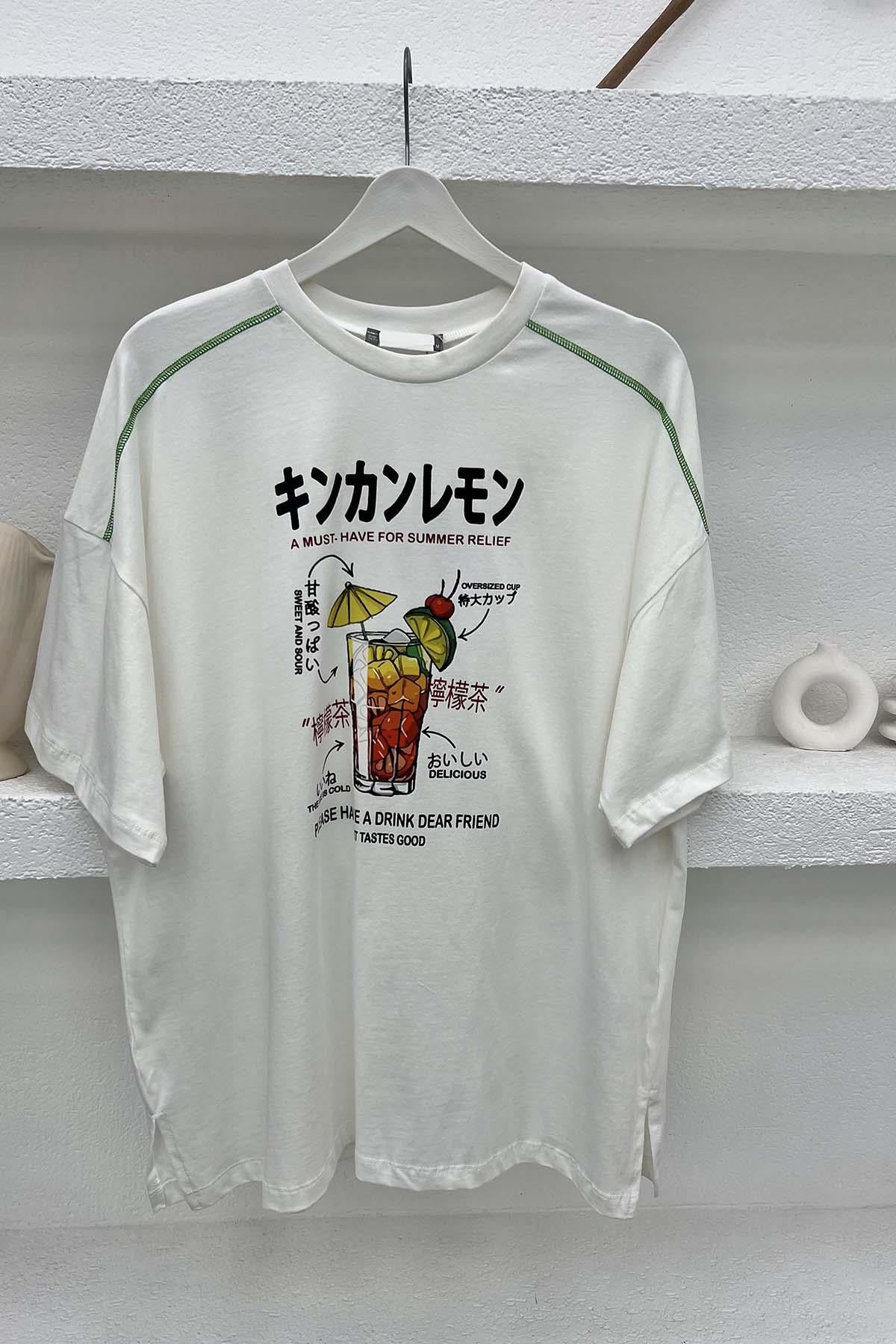 Baskılı T-Shirt Krem