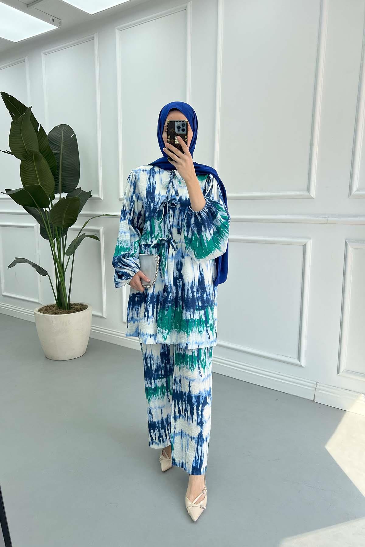 Batik Desen Bağlamalı Takım Lacivert