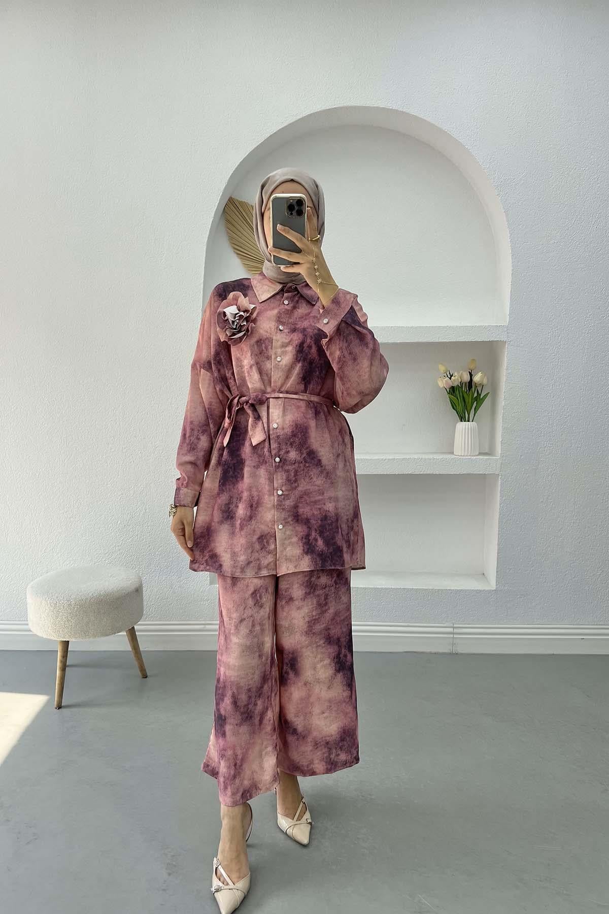 Batik Desen Broşlu Takım Mürdüm