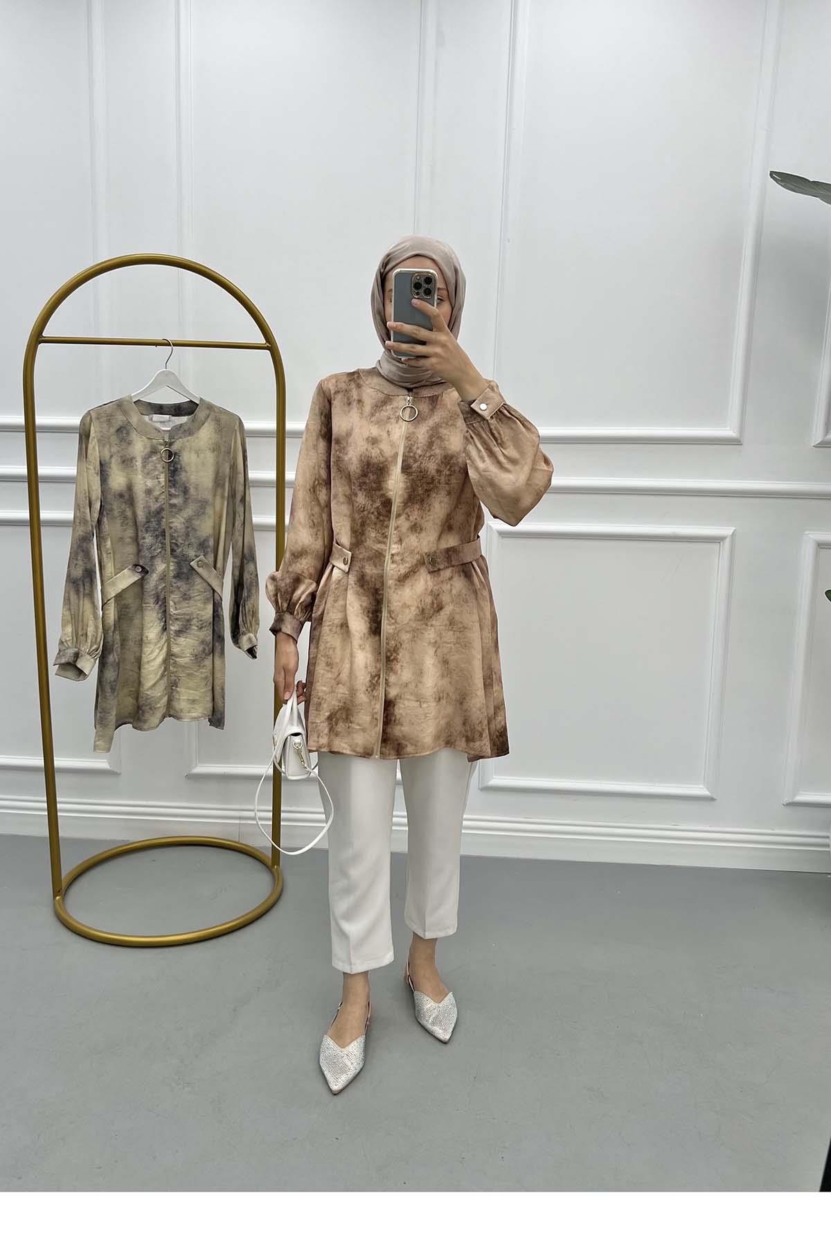 Batik Desen Fermuarlı Tunik Sütlü Kahve