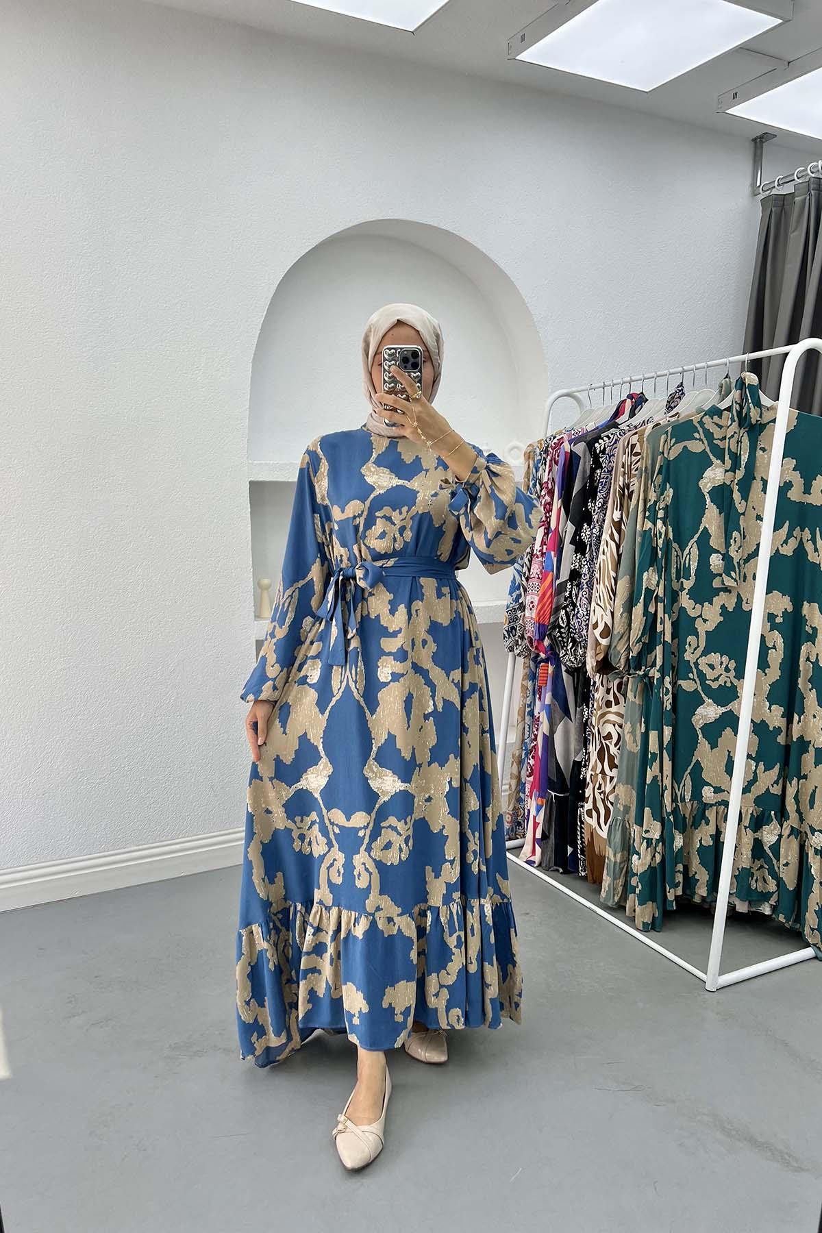 Batik Desenli Elbise Lacivert