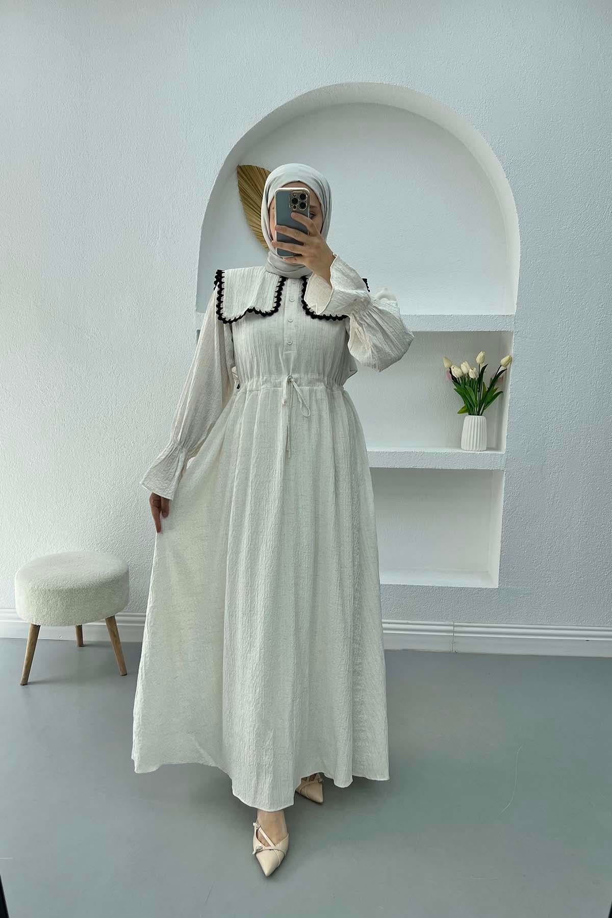 Bebe Yaka Büzgülü Elbise Krem