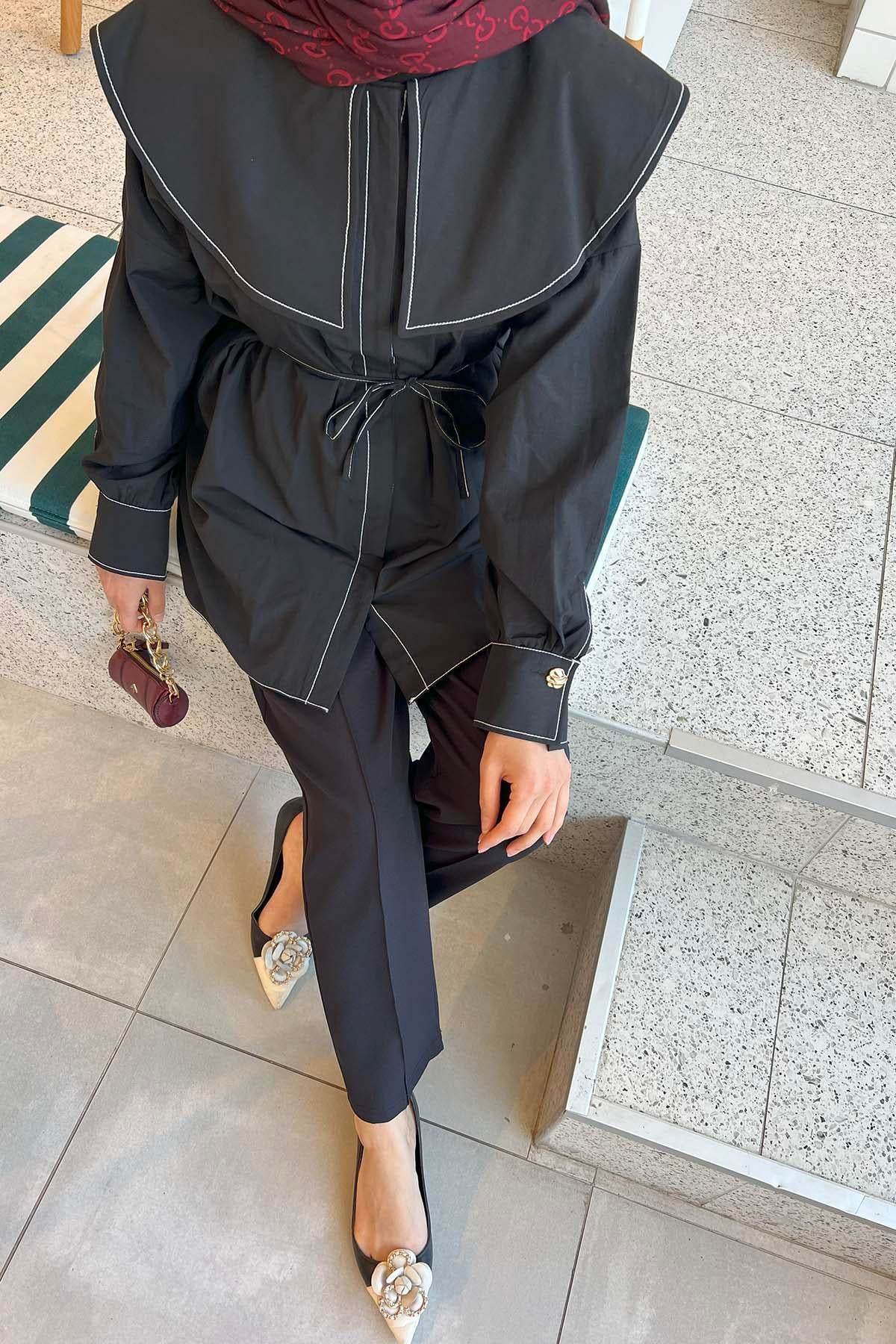 Bebe Yaka Dikiş Detaylı Gömlek Siyah