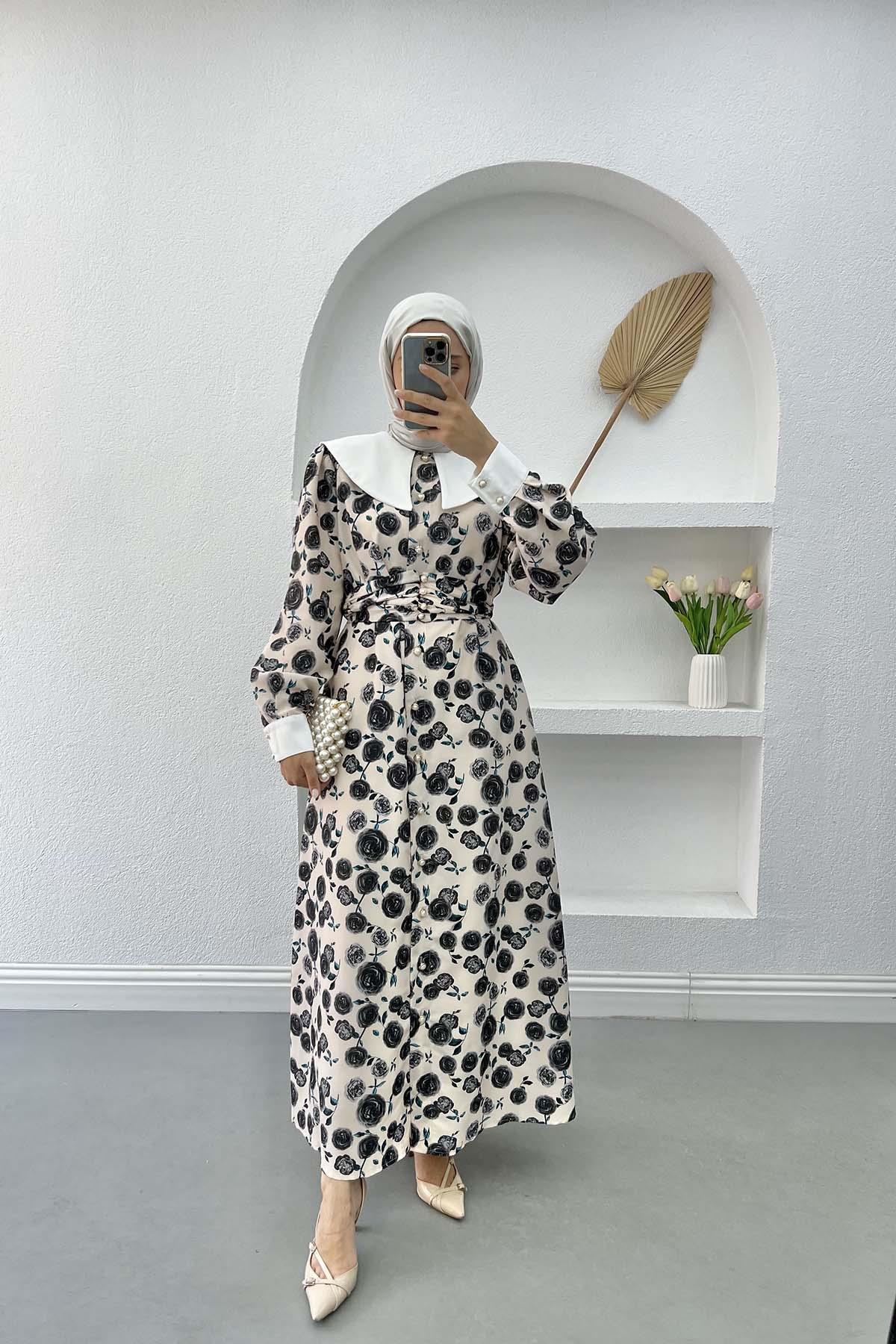 Bebe Yaka Gül Desenli Elbise Siyah