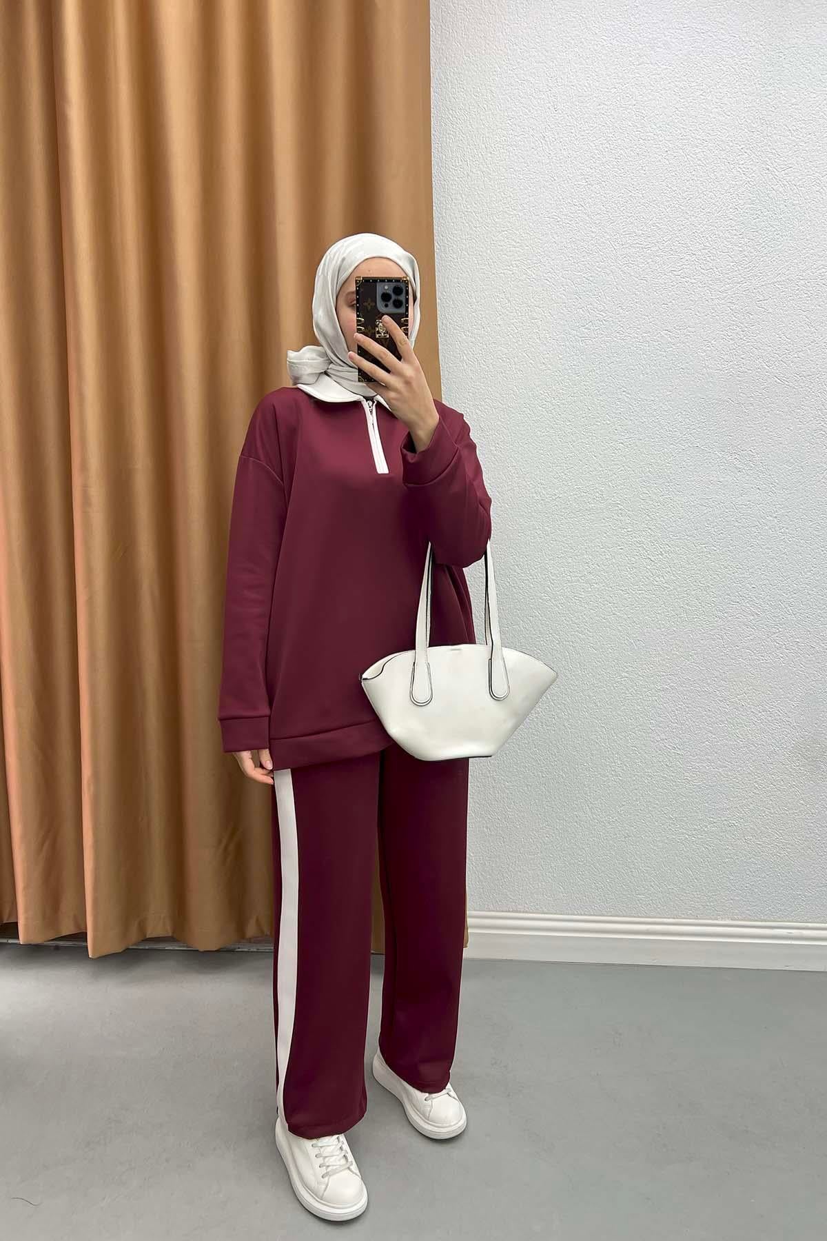 Bebe Yaka Scuba Şeritli  Takım Bordo