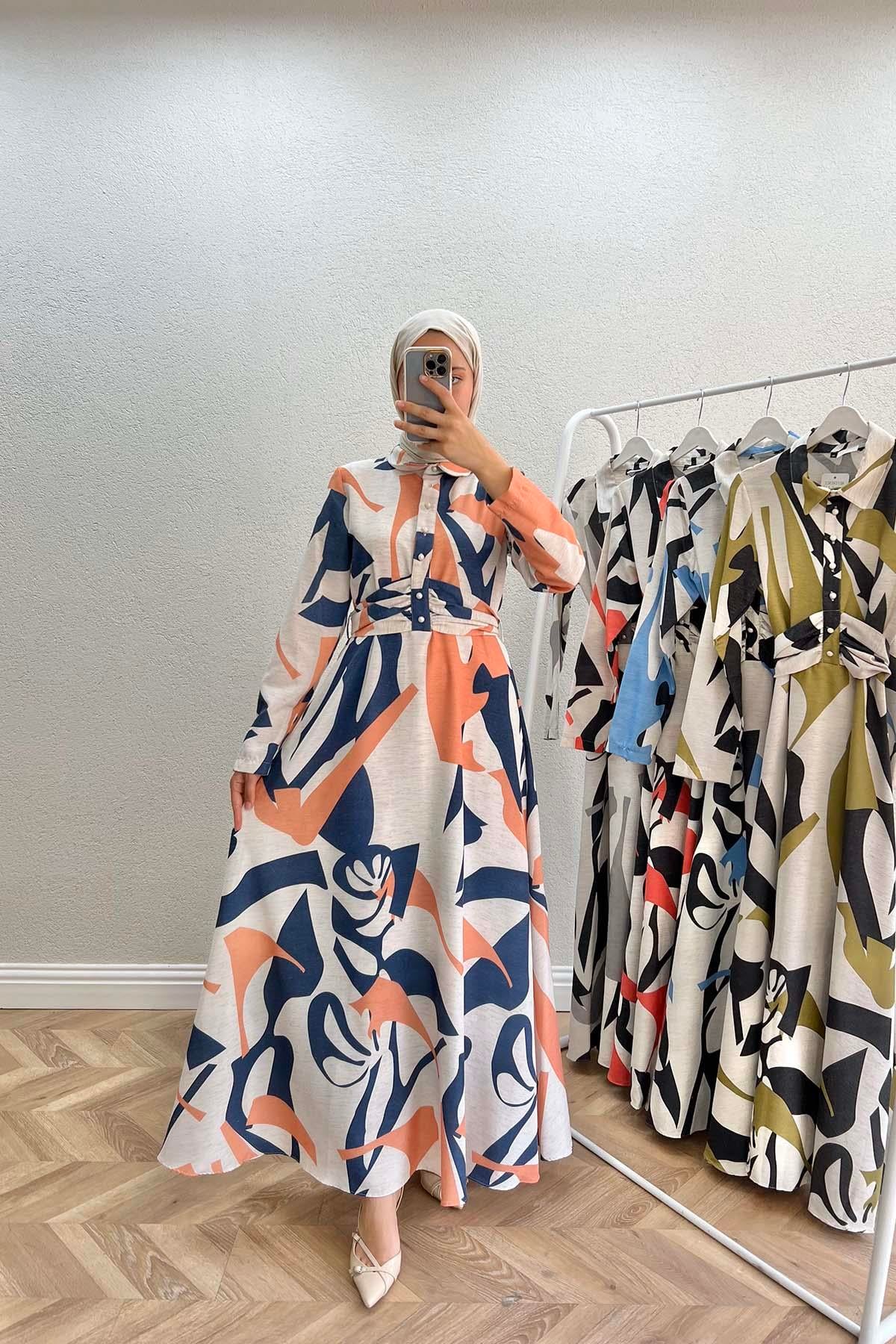 Bel Bağlamalı Desenli Elbise Lacivert