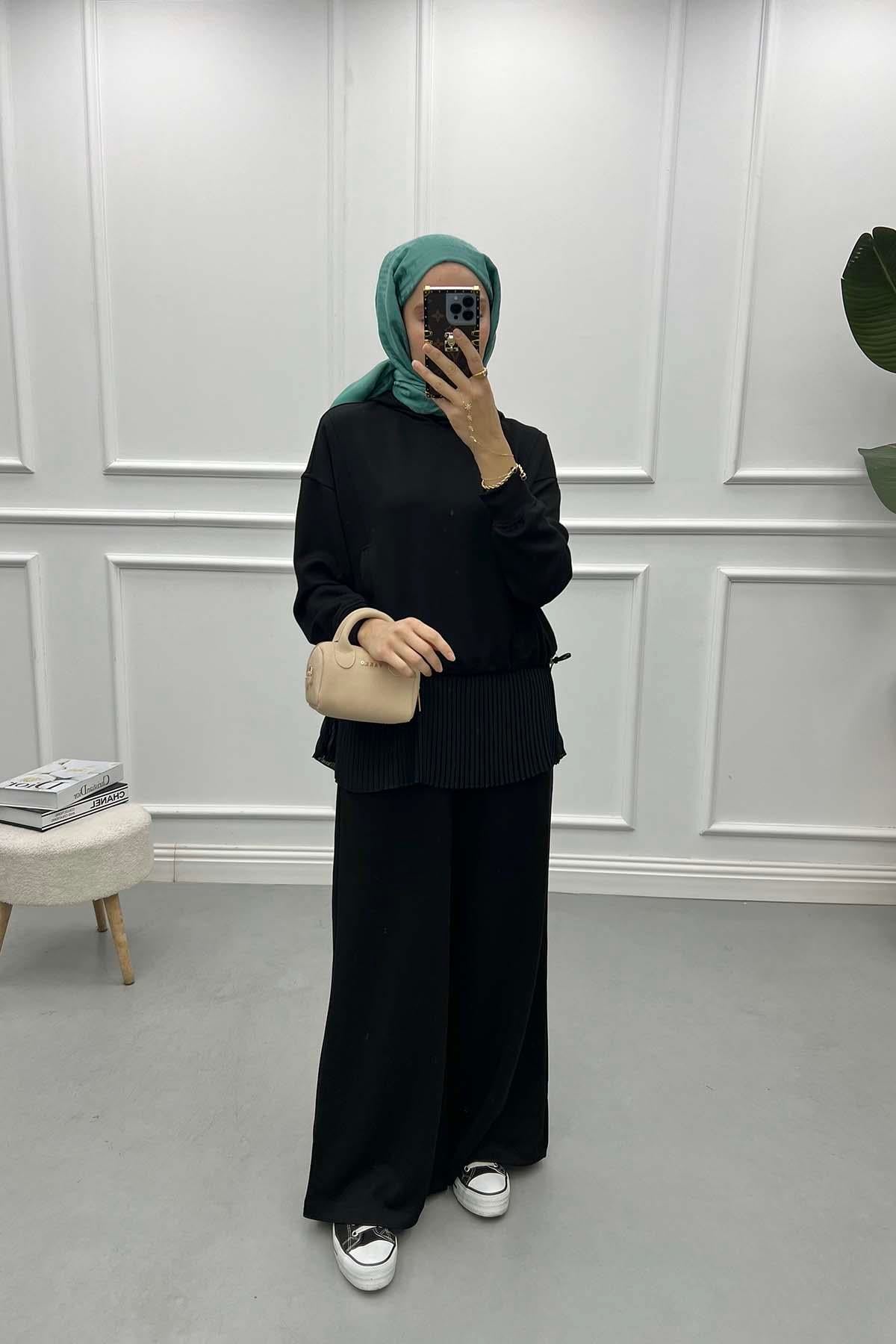 Bel Büzgülü Crop Takım Siyah