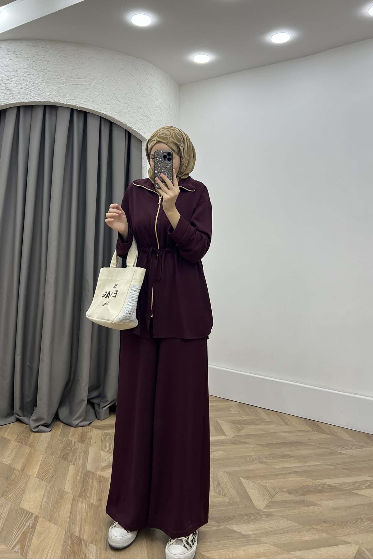 Bel Büzgülü Dik Yaka Takım Mürdüm
