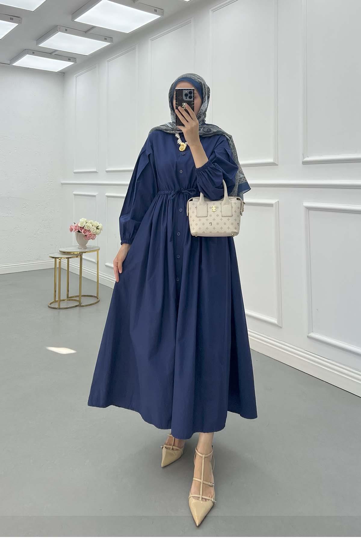 Bel Büzgülü Elbise Lacivert