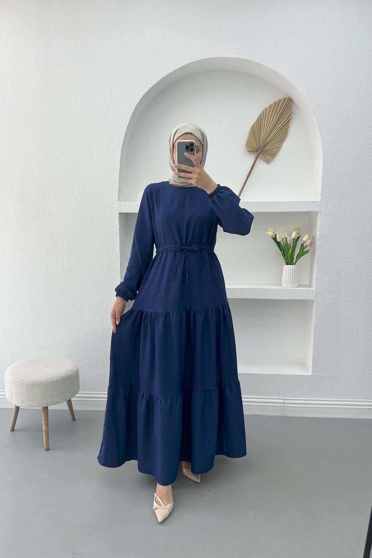 Bel Büzgülü Elbise Lacivert