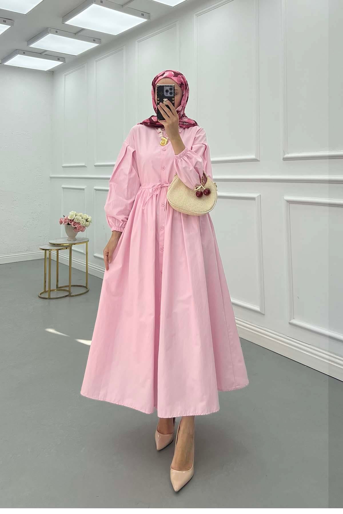 Bel Büzgülü Elbise Pembe