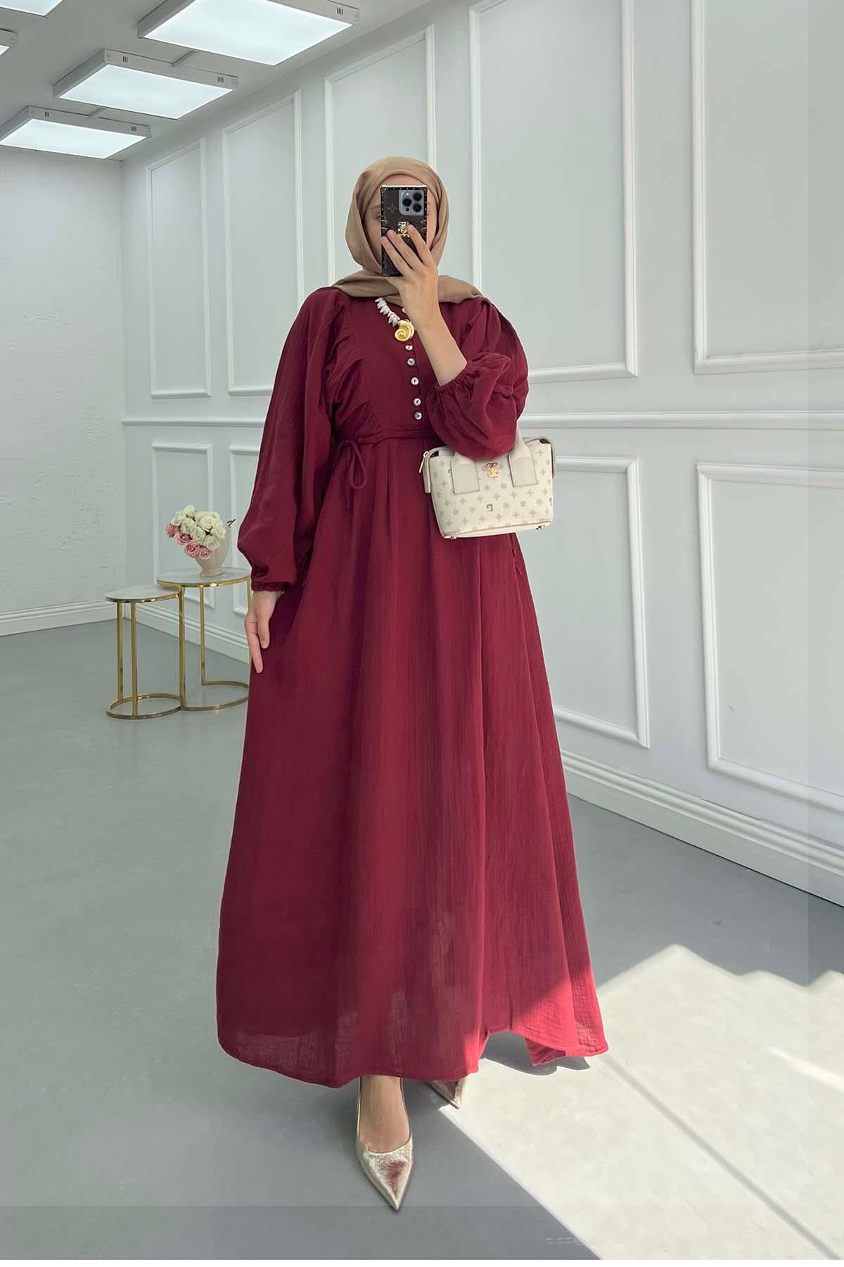 Bel Büzgülü Müslin Elbise Bordo