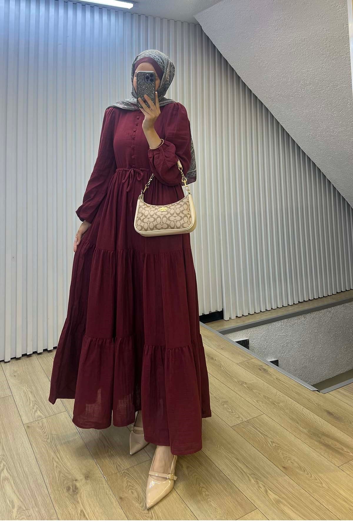 Bel Büzgülü Vintage Müslin Elbise Bordo