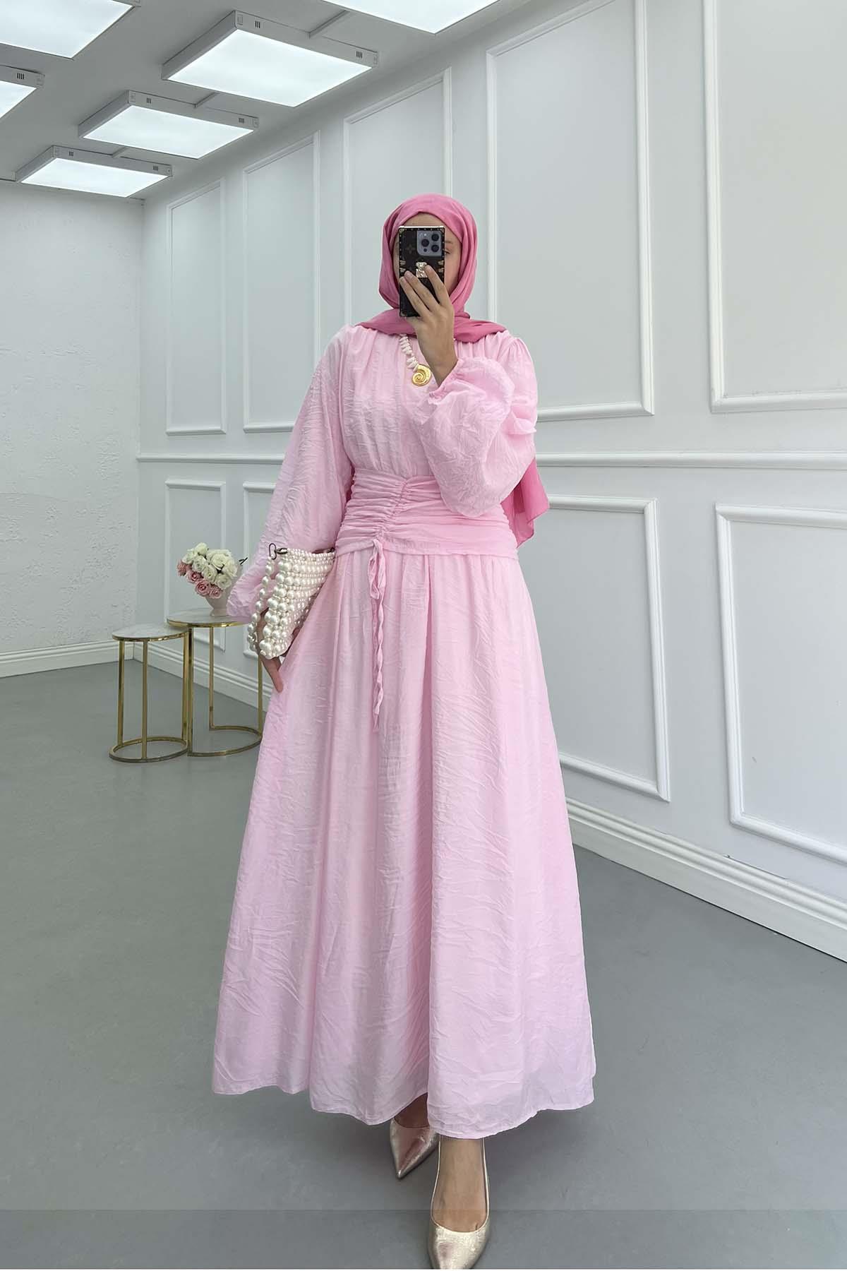 Bel Detaylı (Astarlı) Tül Elbise Pembe