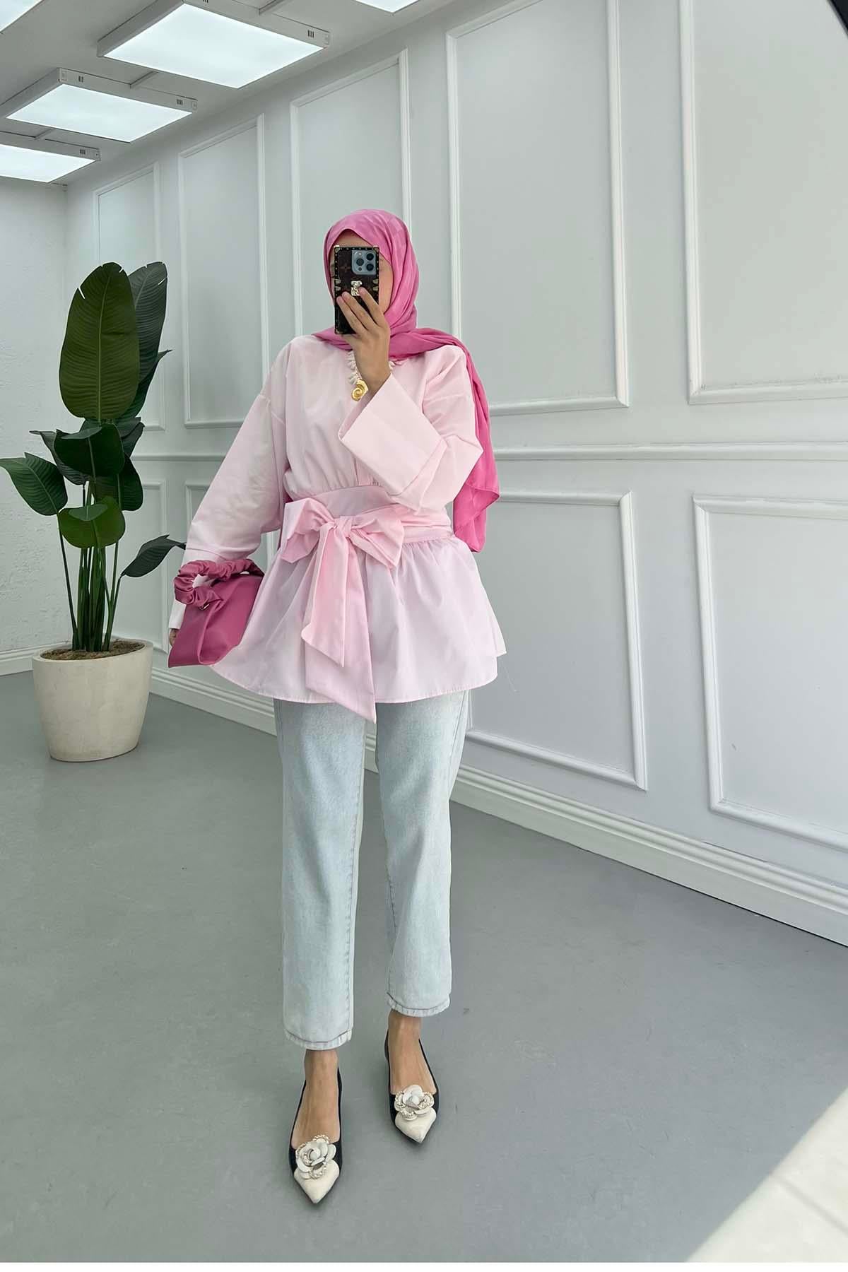 Bel Detaylı Bağlamalı Gömlek Pembe
